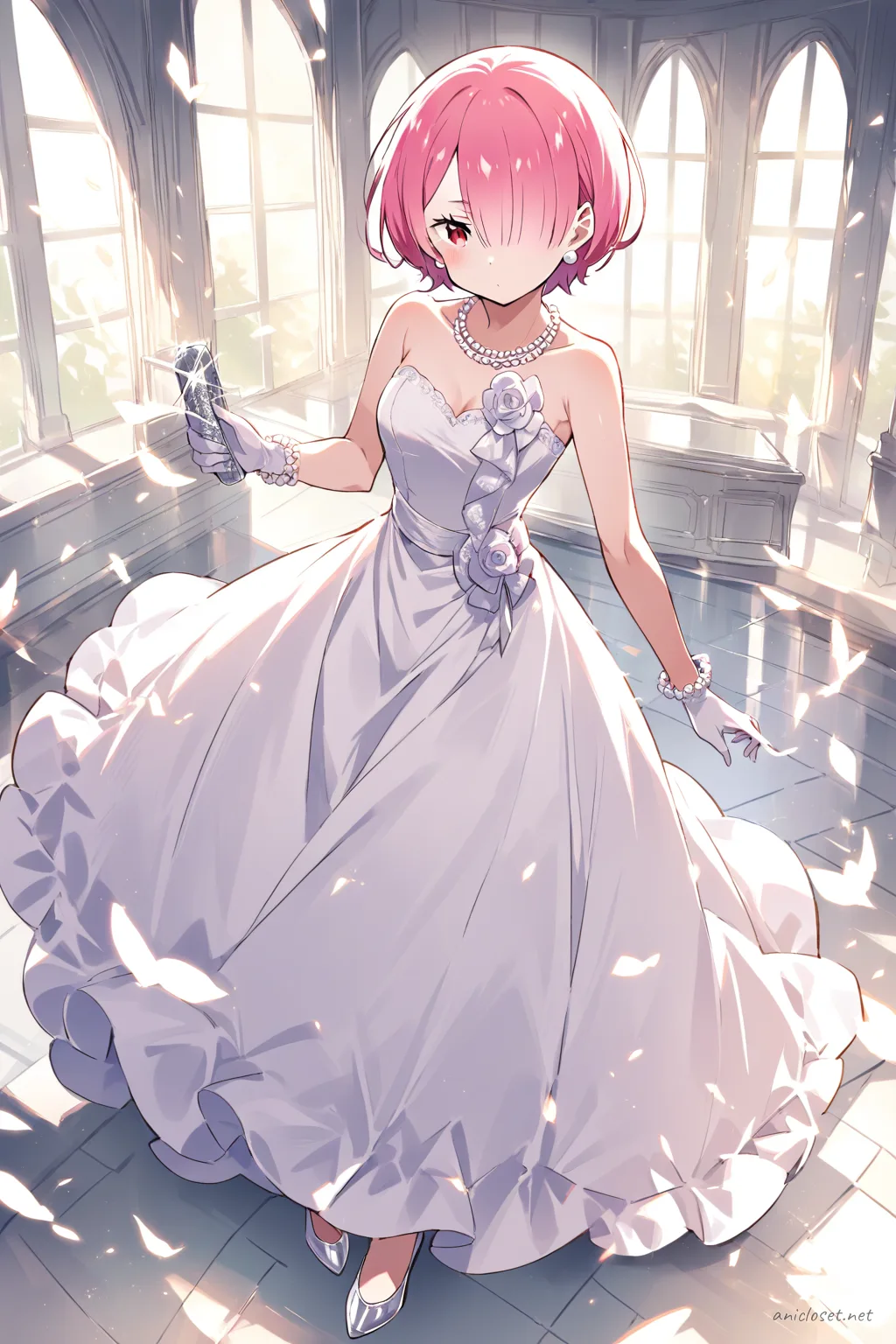 Full-body illustration of Ram from Re:Zero wearing a white strapless floor-length evening gown with pearl necklace, earrings, bracelet, white satin gloves, silver clutch bag, and white high heels, standing against a clean studio backdrop