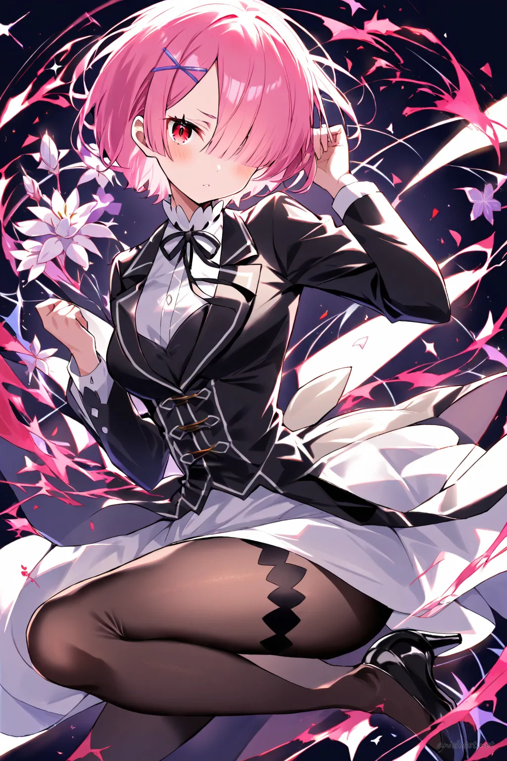 Full-body three-quarter view of Ram in a fitted black tuxedo dress with satin lapels, white dress shirt, black bow tie, sheer stockings, and patent leather heels, styled with a sleek updo against a simple studio background