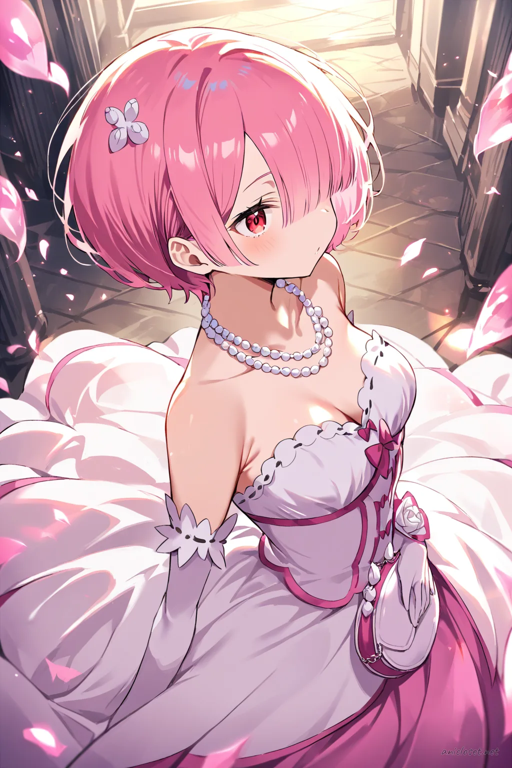 Illustration of Ram in a strapless satin ballgown with a soft volume skirt, elbow-length gloves, and pearl necklace, shown in a knee-up half-body pose under soft studio lighting
