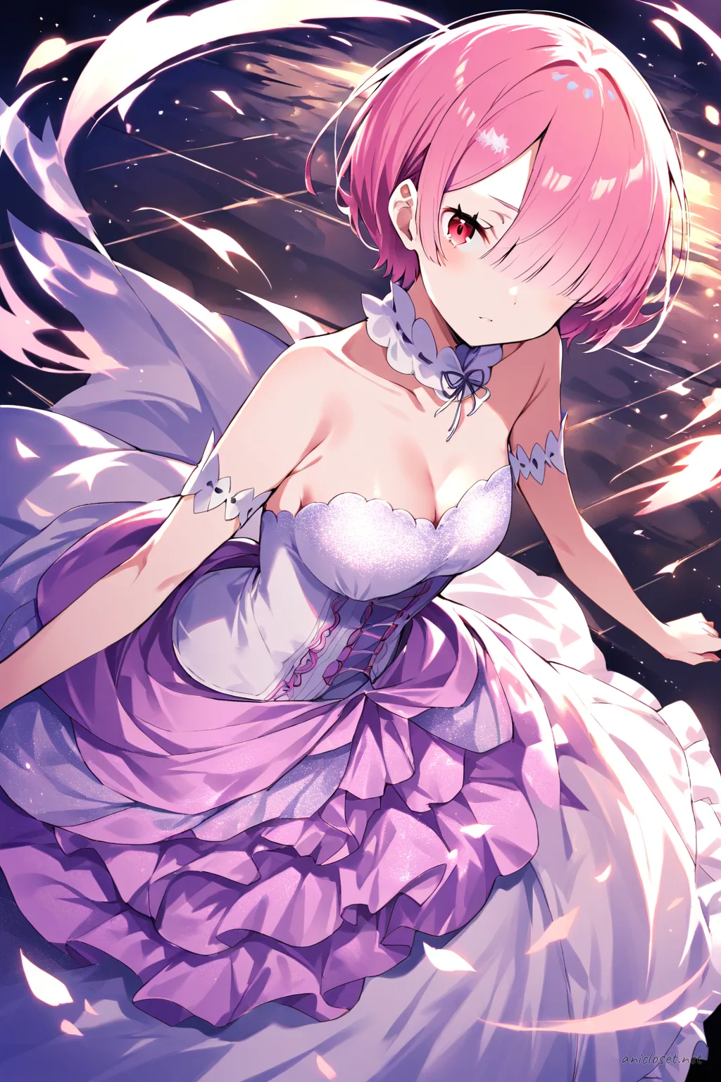 Illustration of Ram from Re:Zero in a knee-up half-body pose wearing a strapless mermaid silhouette evening dress with elbow-length opera gloves and a delicate silver necklace under soft studio lighting