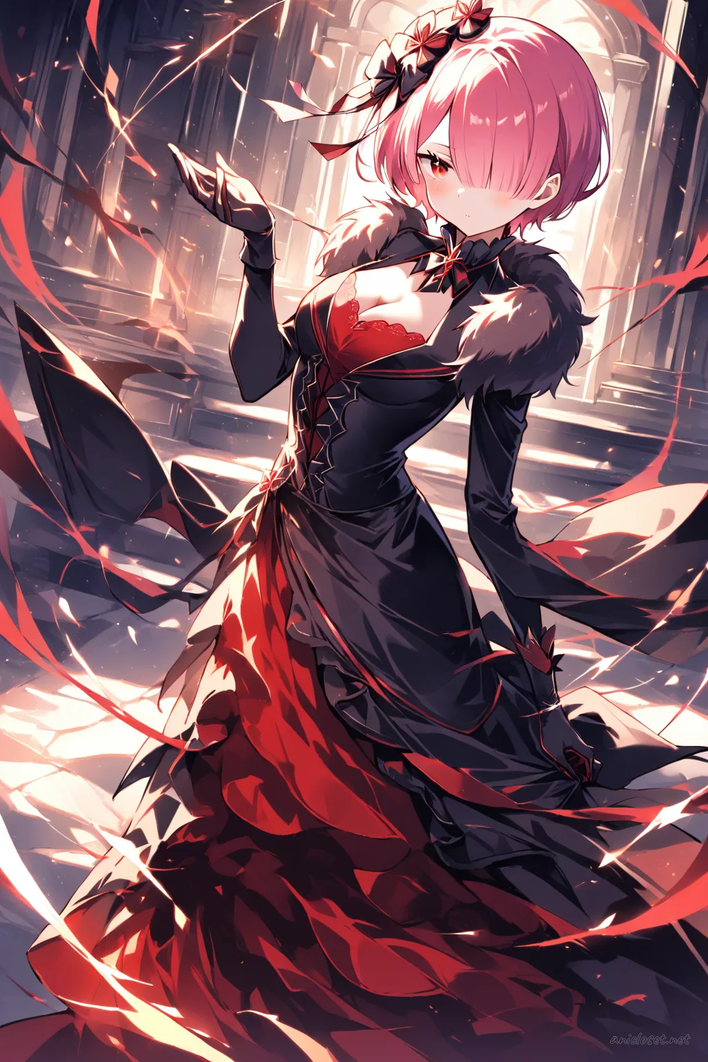 Knee-up half-body illustration of Ram wearing a dark velvet long-sleeve formal gown with fur stole and gloves under soft studio lighting