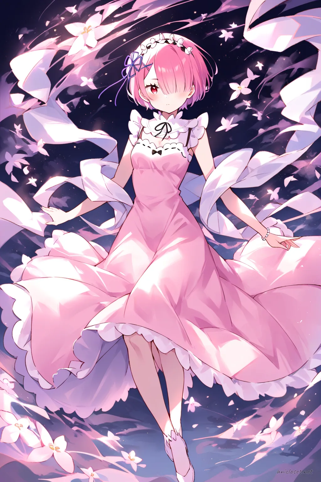 Illustration of Ram from Re:Zero in a pastel pink sleeveless midi dress with fitted waist and subtle ruffle hem, wearing a pearl necklace and sheer light pink shawl, shown from knee-up in soft studio lighting against a plain light background
