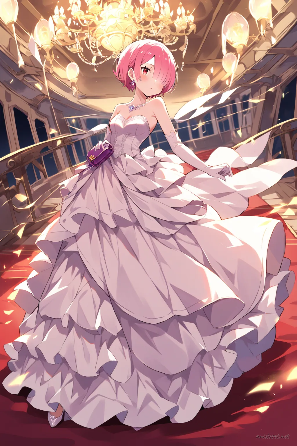 Full-body illustration of Ram from Re:Zero wearing a strapless red carpet gown with dramatic train, fitted bodice, long gloves, high heels, clutch purse, and chandelier earrings, standing against a clean studio backdrop