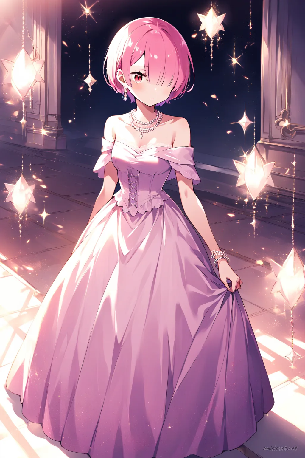 Illustration of Ram from Re:Zero wearing an off-shoulder satin formal dress with fitted bodice and pearl accessories, knee-up half-body view