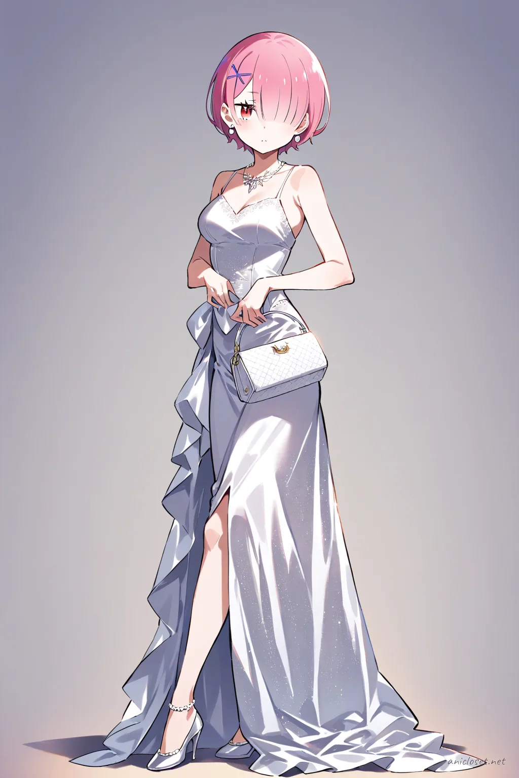Full-body illustration of Ram from Re:Zero wearing a silver floor-length sleeveless evening dress with fitted bodice, holding a clutch bag, standing against a clean studio backdrop with silver high heels and pearl earrings visible