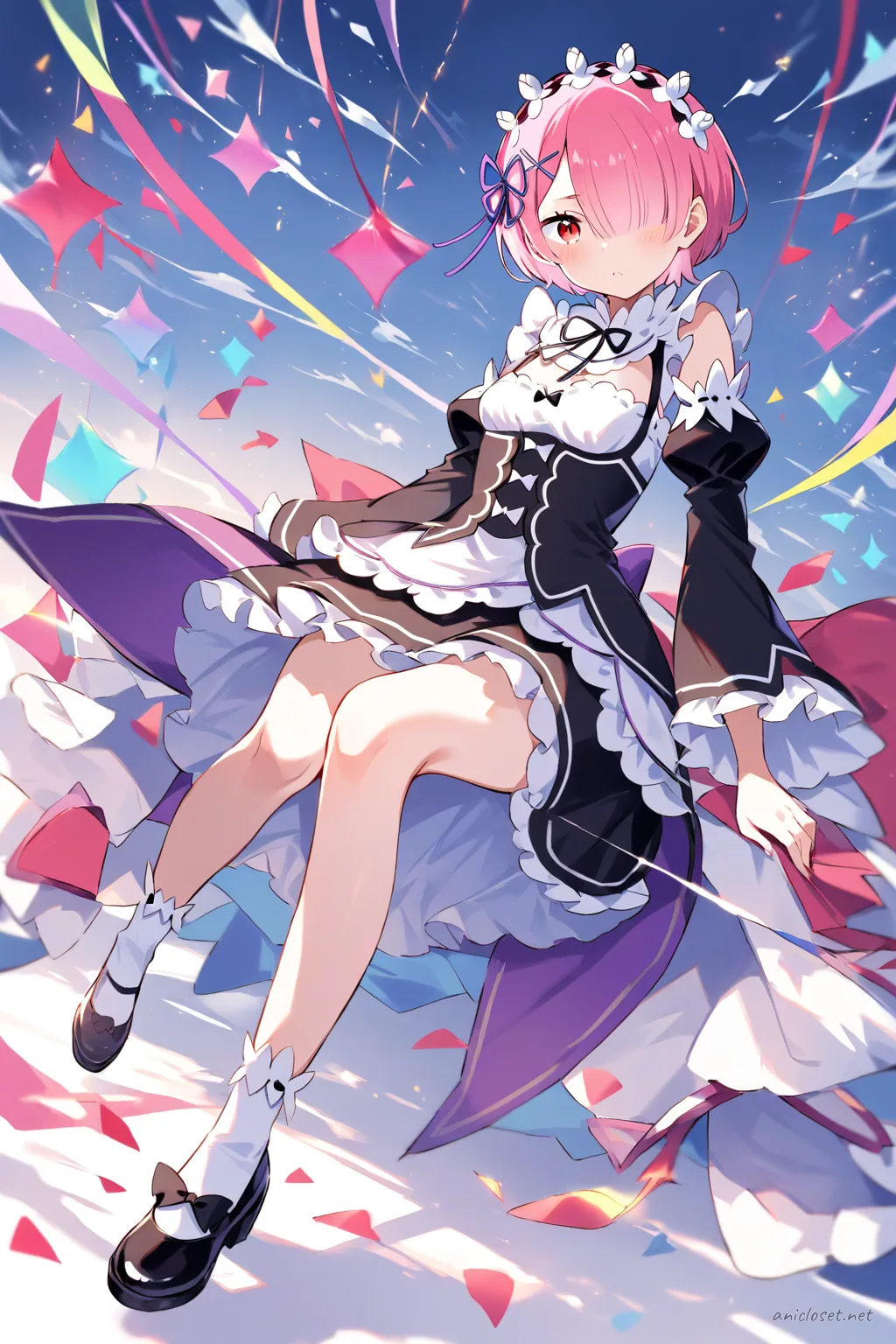Full-body illustration of Ram in a frilly idol mini dress with layered skirt and stage bow, standing against a clean studio backdrop