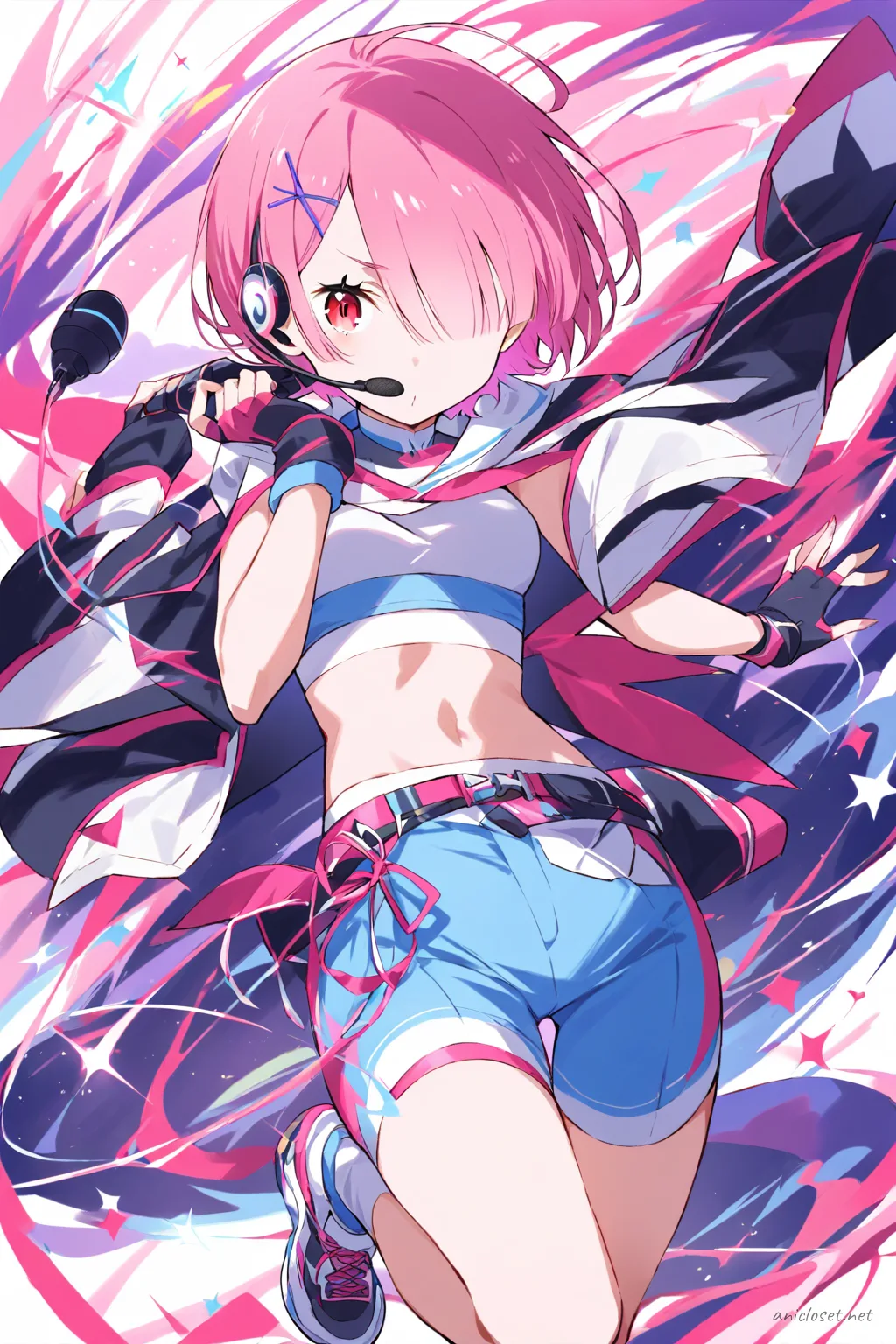 Full-body illustration of Ram from Re:Zero wearing a sporty idol costume with a wireless microphone headset, standing against a clean studio backdrop