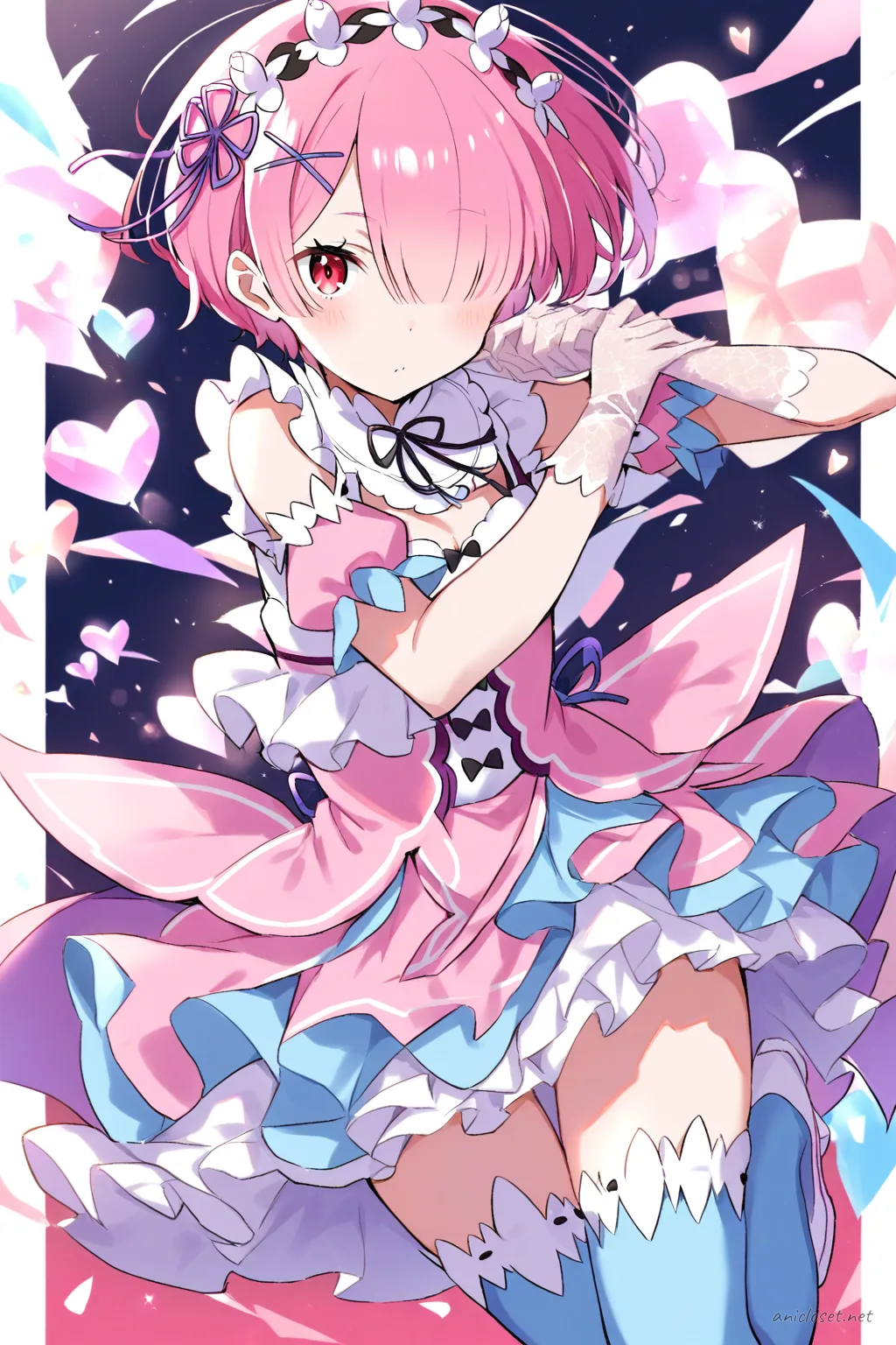 Full-body three-quarter view of Ram in pastel pink idol dress with twin ribbon hair accessories, layered chiffon skirt, white lace gloves, pastel blue thigh-high stockings, and white platform mary jane shoes against stage spotlight background