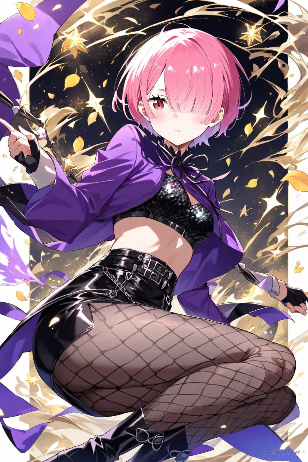 Knee-up half-body illustration of Ram from Re:Zero wearing a black sequin crop top, dark purple velvet bolero jacket, black leather skirt, sheer patterned tights, black ankle boots, fingerless lace gloves, silver choker with dark gemstone, and a stage microphone headset under soft studio lighting