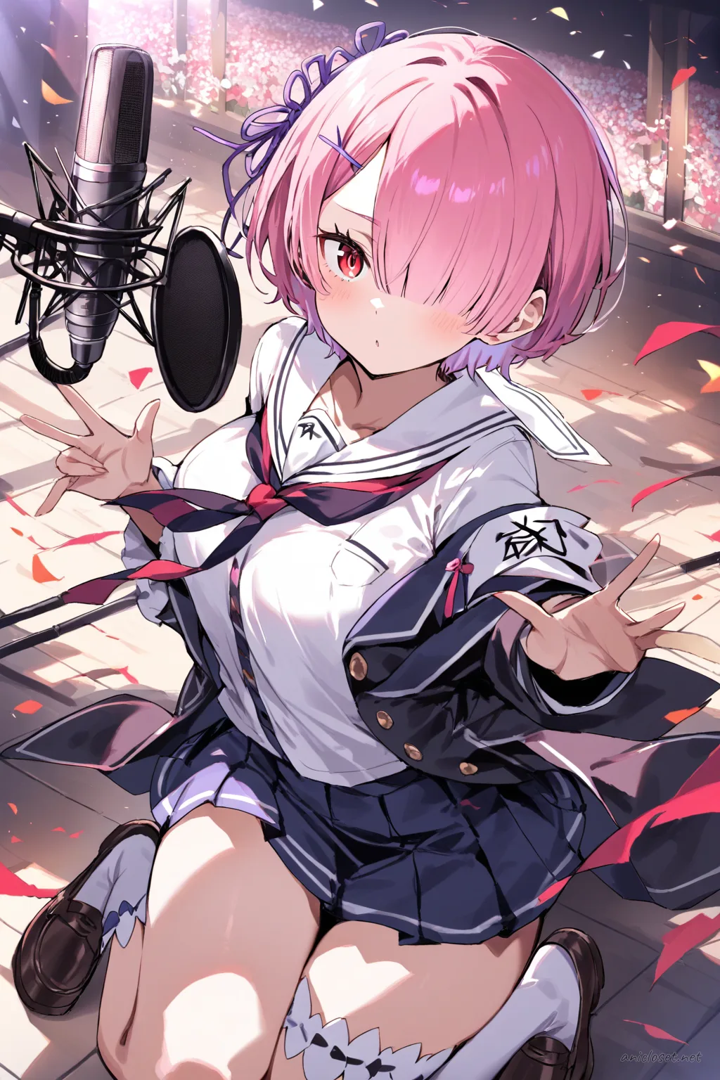 Full-body three-quarter view of Ram in school-idol inspired stage costume with pleated mini skirt, sailor collar blouse, ribbon necktie, knee-high socks, and hair ribbon bow