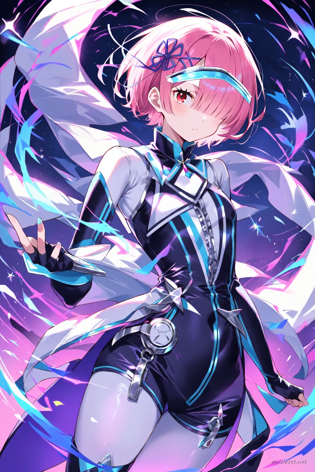 Full-body three-quarter view illustration of Ram in a futuristic idol costume with sleek bodysuit, high collar, asymmetrical zipper, metallic silver accents, neon blue piping, fingerless gloves, thigh-high boots, clear visor headpiece, minimalistic belt, streamlined shoulder pads, and holographic wristbands against a clean studio background
