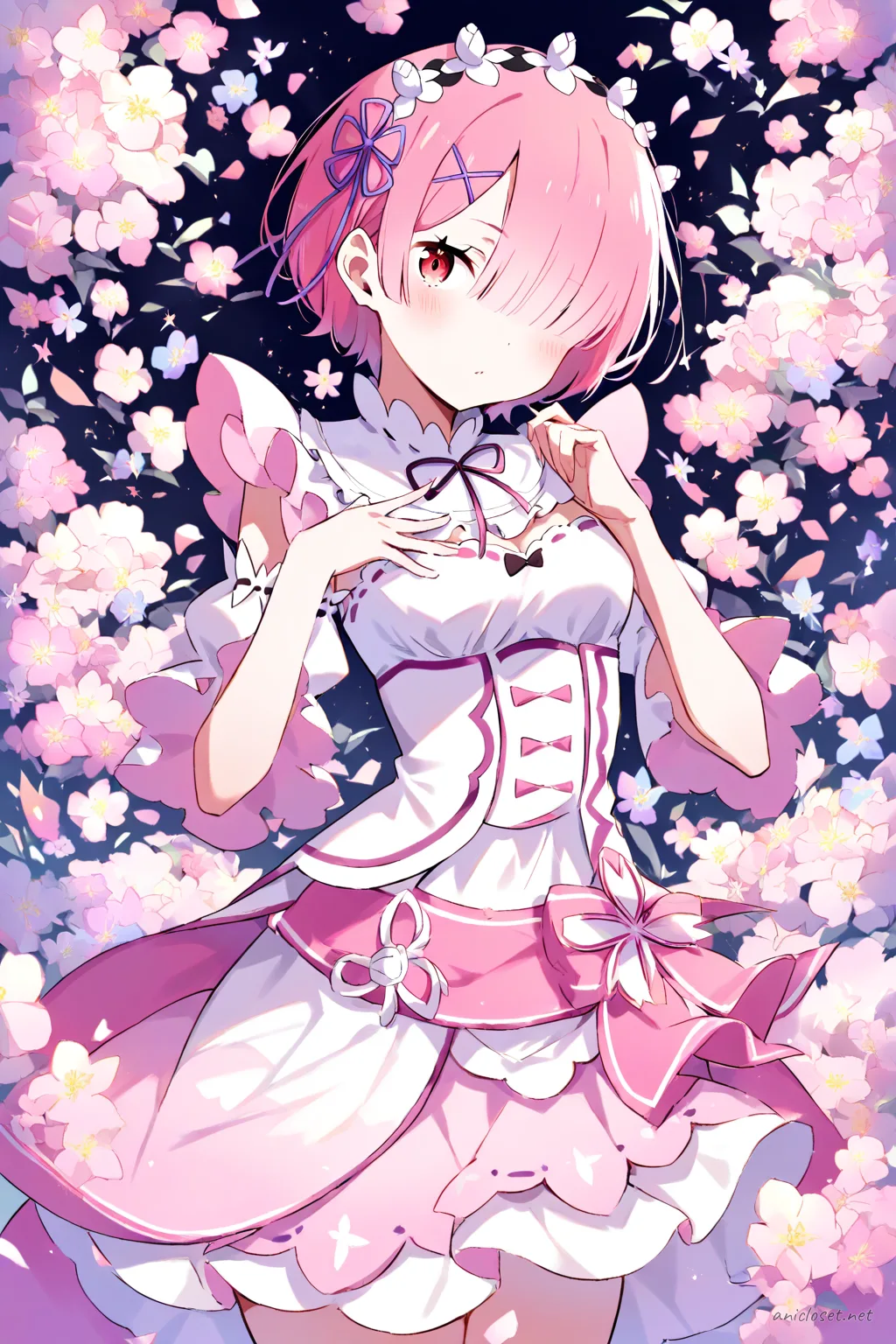 Full-body three-quarter view of Ram in a sleeveless flower motif idol dress with fitted bodice, flared skirt, sheer puff sleeves, and floral accessories