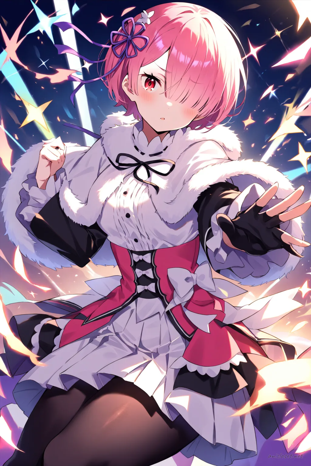 Full-body three-quarter view illustration of Ram from Re:Zero wearing a winter idol costume with a white fur-trimmed capelet, long-sleeve fitted top, pleated high-waisted skirt, thick tights, knee-high boots, ribbon necktie, fingerless gloves, and snowflake hair accessory against a stage spotlight background