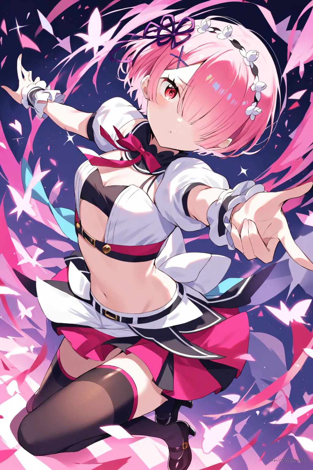 Knee-up half-body illustration of Ram in a group dance idol outfit with pleated skirt, puff sleeve crop top, ribbon necktie, thigh-high stockings, and hair ribbon