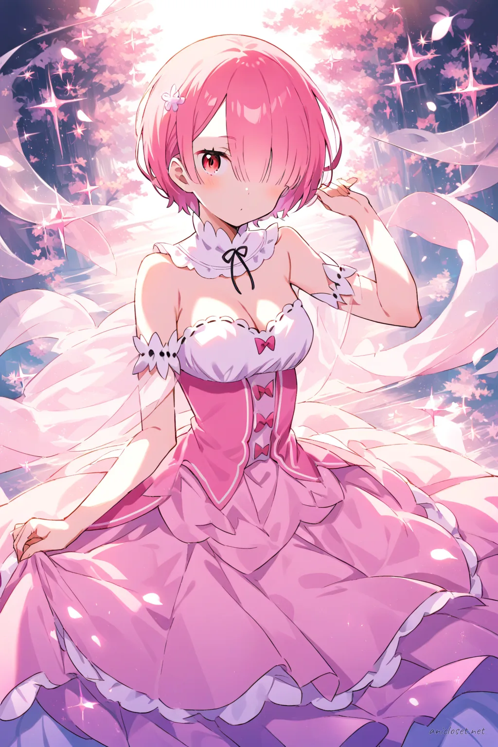 Full-body three-quarter view illustration of Ram from Re:Zero wearing a strapless pastel pink chiffon ball gown with sweetheart neckline, sheer capelet, pearl necklace and bracelet, and silver high-heeled sandals under soft spotlight lighting