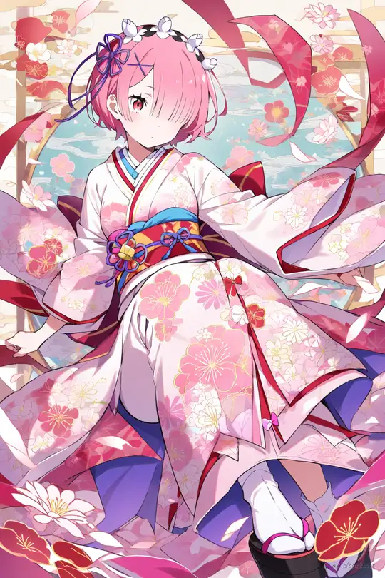 Full-body illustration of Ram from Re:Zero wearing a furisode kimono with floral pattern and ornate obi, standing in a clean studio setting with tabi socks and zori sandals