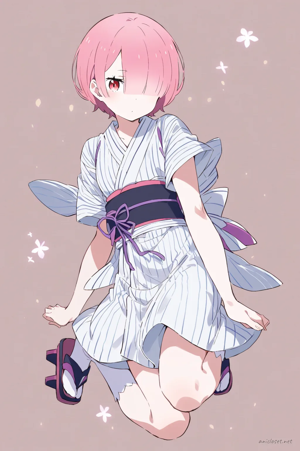 Illustration of Ram from Re:Zero wearing a summer yukata with simple stripes, obi belt, and geta sandals in a knee-up portrait with soft studio lighting