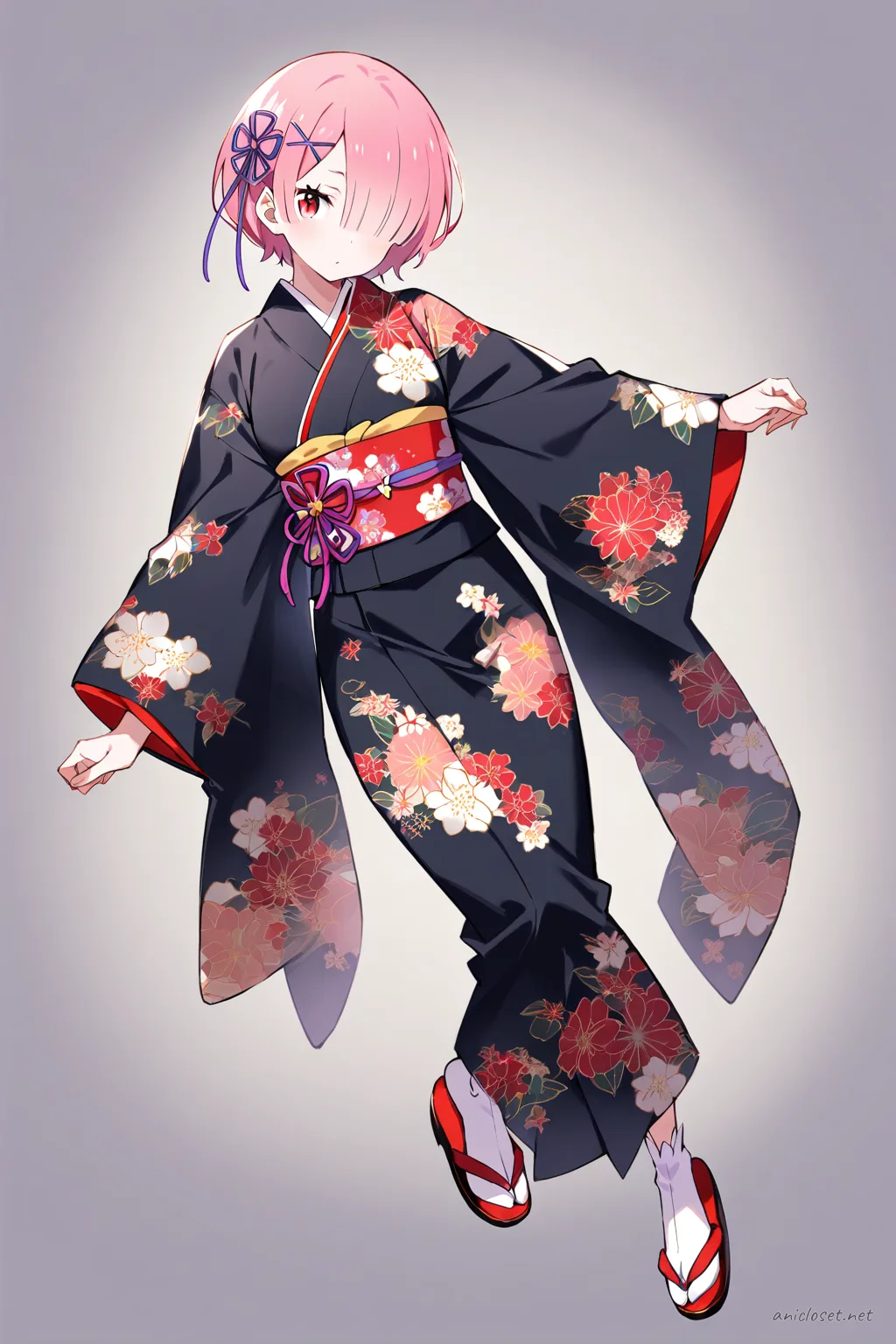 Full-body three-quarter view of Ram from Re:Zero wearing a dark formal kimono with subdued floral pattern, formal obi belt, long sleeves, traditional tabi socks, zori sandals, and a simple hairpin accessory against a clean studio background