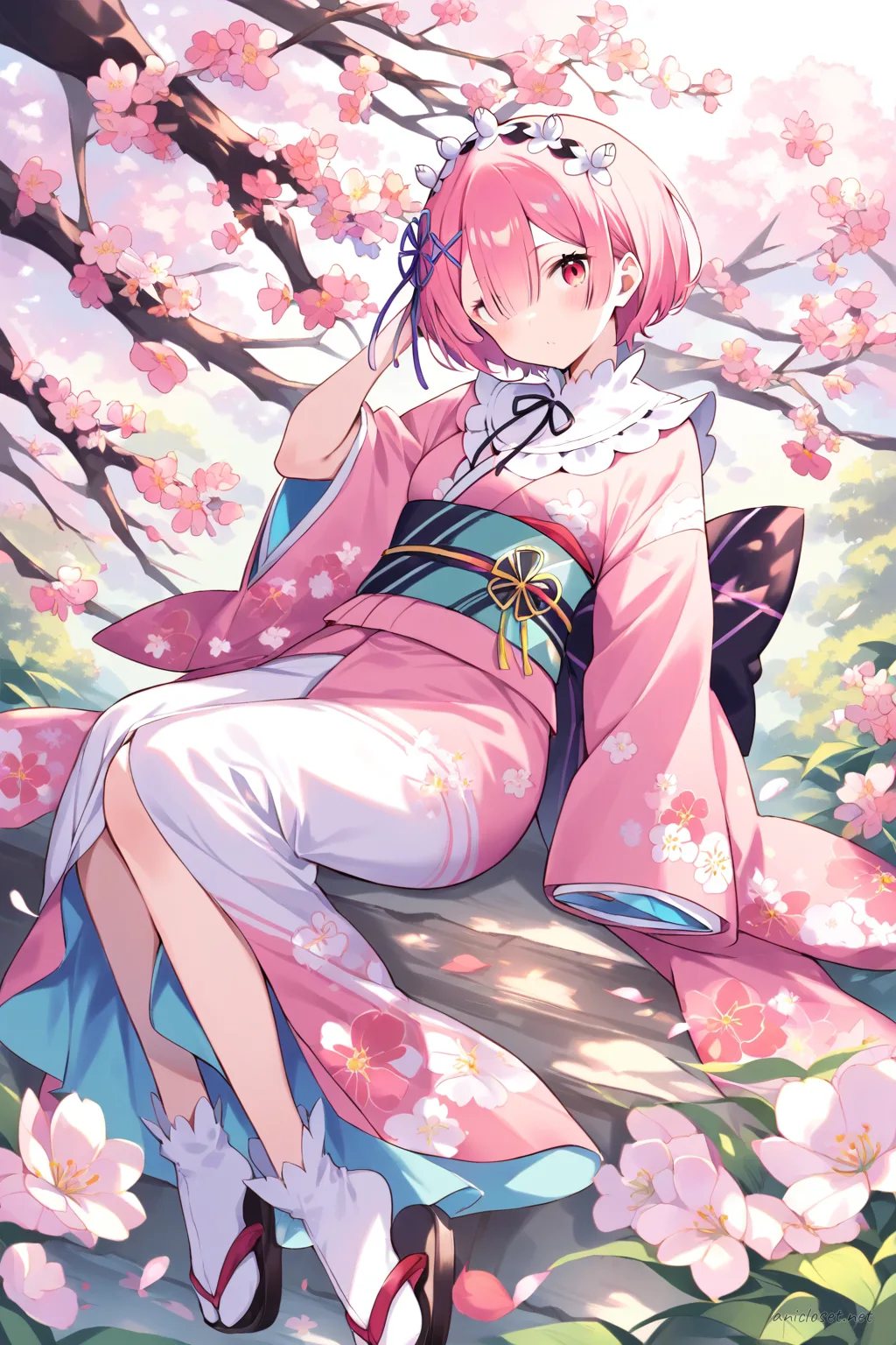 Full-body three-quarter view of Ram wearing a pastel pink kimono with soft spring floral pattern, light green obi tied in a wide bow, white haneri collar, tabi socks, zori sandals, and a delicate floral hairpin against a clean studio background