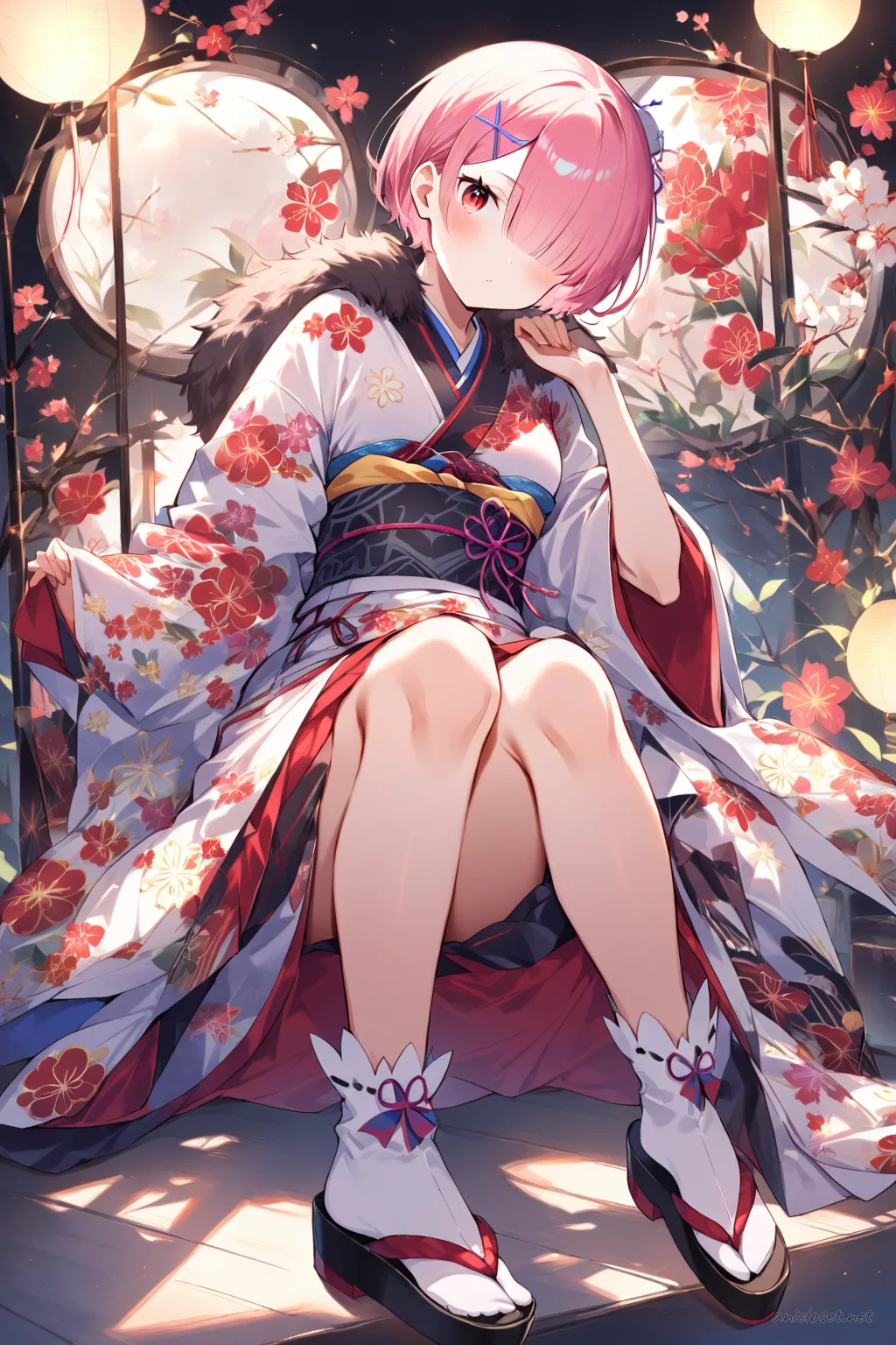 Illustration of Ram from Re:Zero wearing a winter kimono with haori coat, fur collar, and obi belt under soft studio lighting