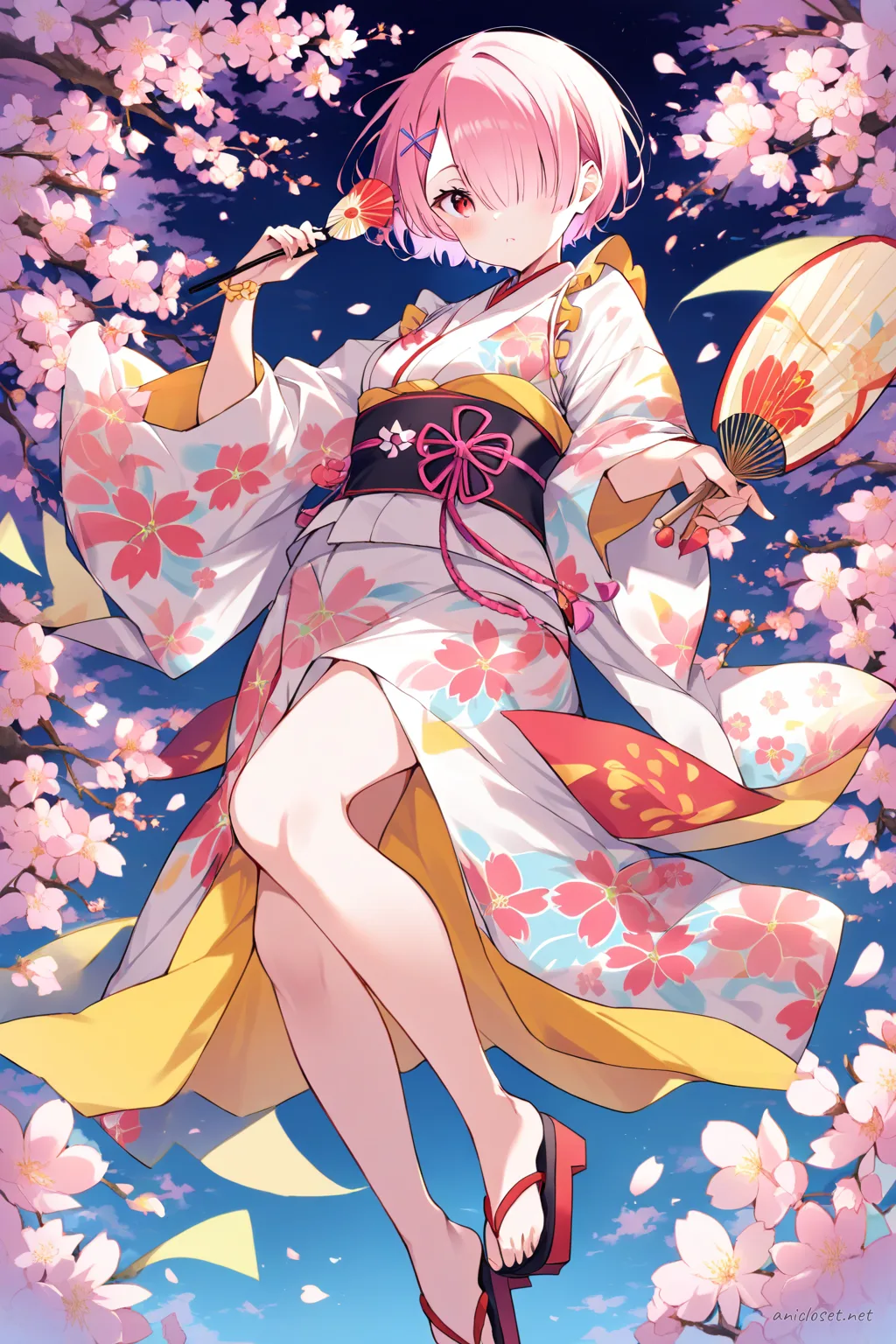 Full-body three-quarter view illustration of Ram from Re:Zero wearing a bright floral pink and yellow festival yukata with wide obi belt, cherry blossom hairpin, traditional geta sandals, wrist fan, and tabi socks