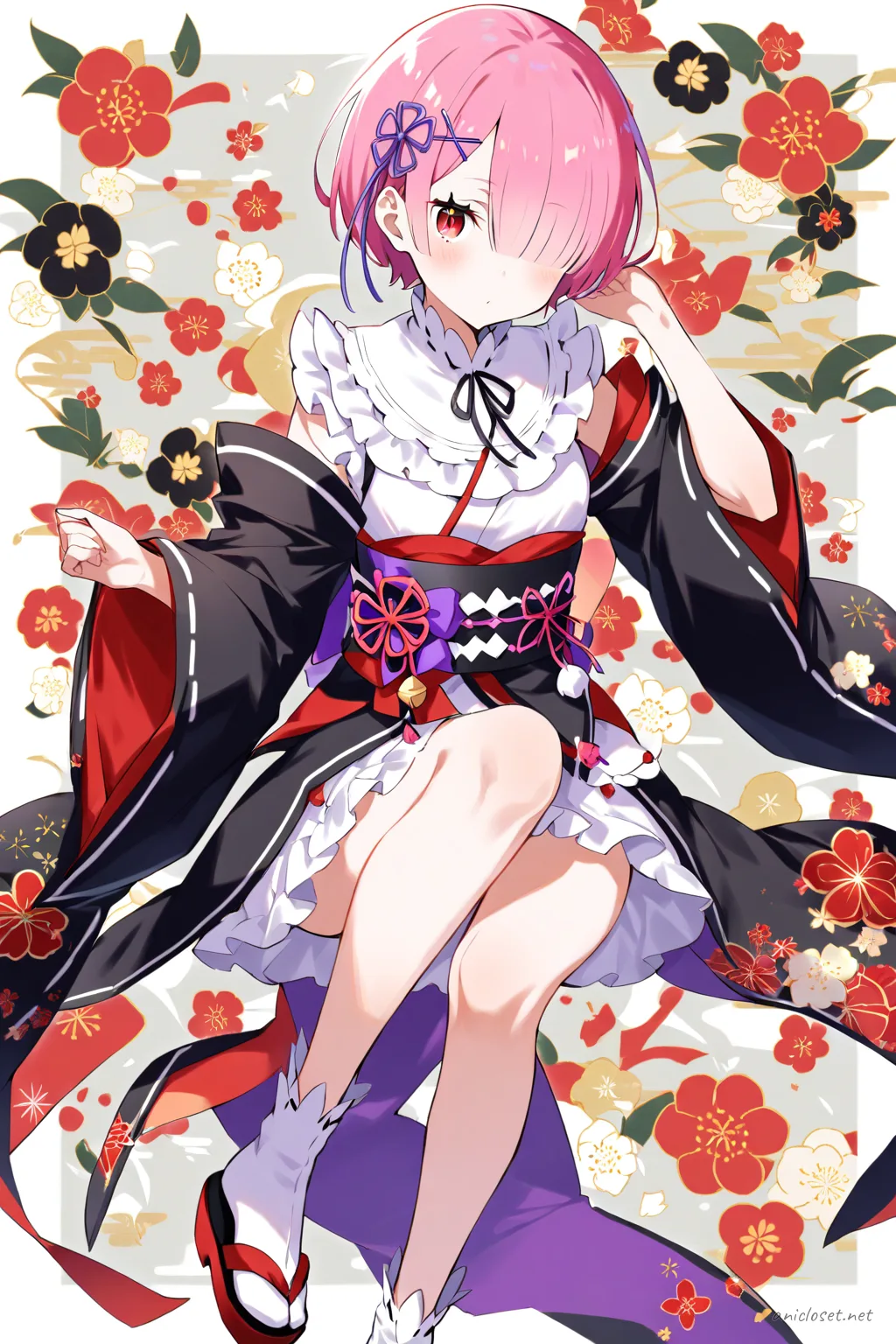 Full-body three-quarter view of Ram from Re:Zero wearing a modern kimono with asymmetric obi, floral pattern, short sleeves, layered collar, tabi socks, and zori sandals