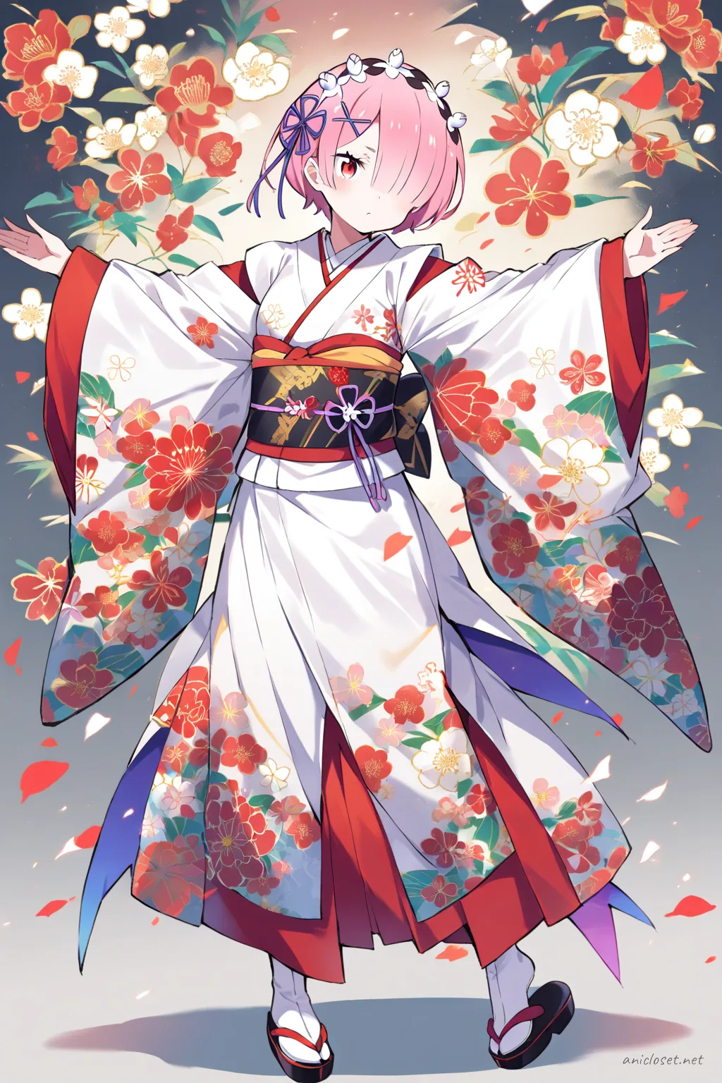 Full-body illustration of Ram wearing a red and white kimono with floral patterns, standing pose, tabi socks and zori sandals, clean studio background