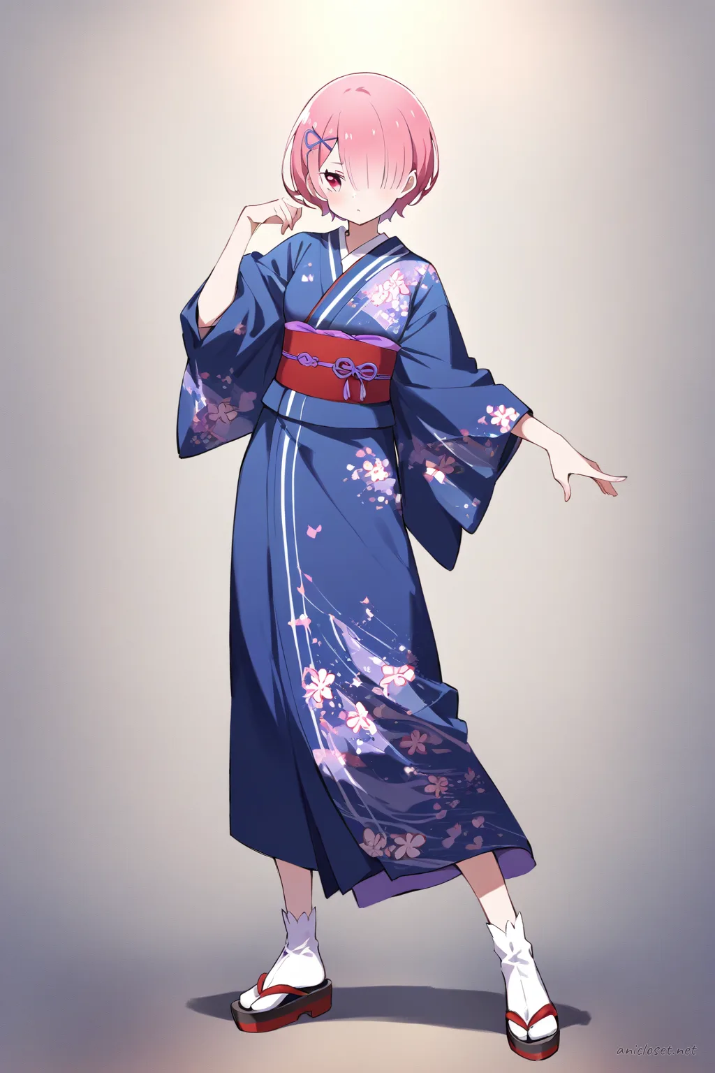 Full-body illustration of Ram from Re:Zero wearing an indigo kasuri kimono with rustic texture, traditional obi belt, white tabi socks, and zori sandals against a clean studio backdrop