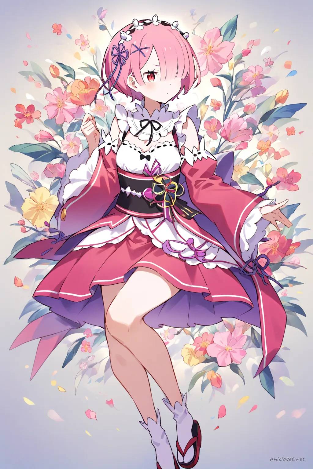 Full-body three-quarter view illustration of Ram from Re:Zero wearing a short modern kimono dress hybrid with floral pattern, wide obi belt, long sleeves, tabi socks, zori sandals, and hair ribbon accessory against a simple studio background