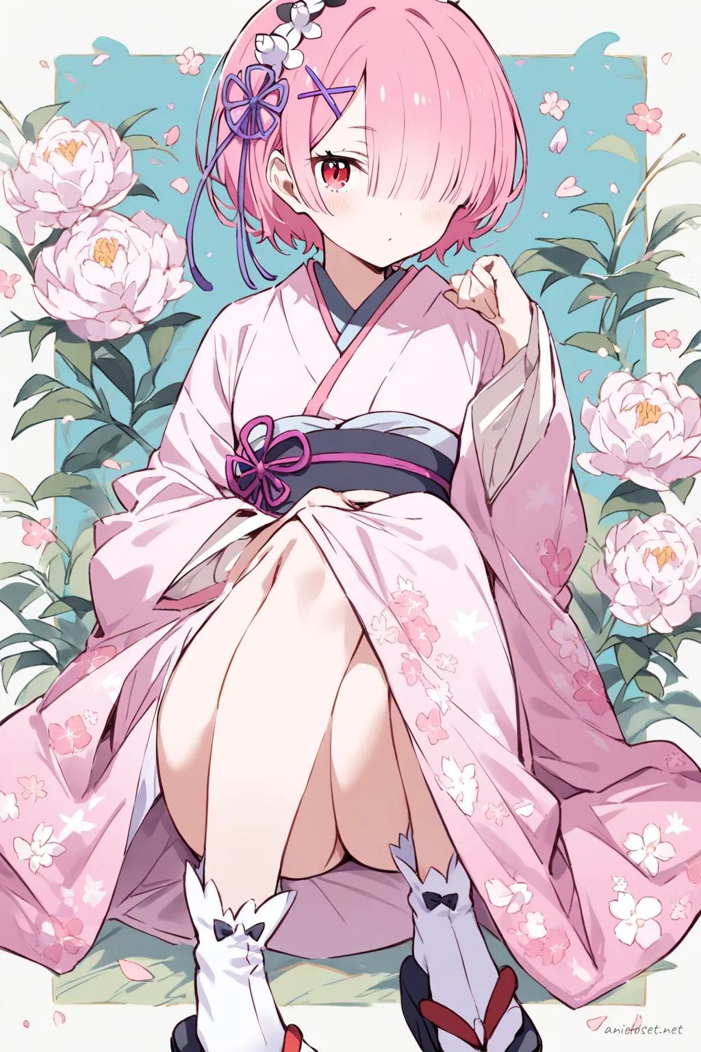 Full-body illustration of Ram from Re:Zero wearing a soft pink kimono with light gray obi, standing in a clean studio backdrop with traditional tabi socks and zori sandals