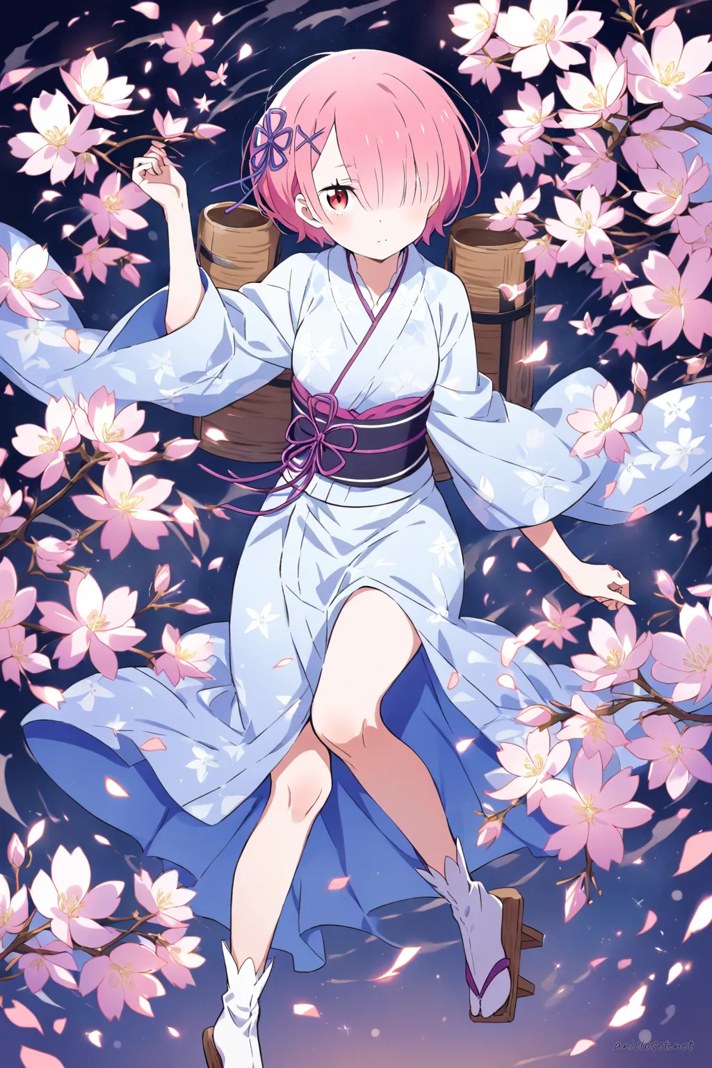 Illustration of Ram from Re:Zero wearing a light pastel blue yukata with subtle floral pattern, wide lavender obi belt, and holding a red and white lantern under soft studio lighting