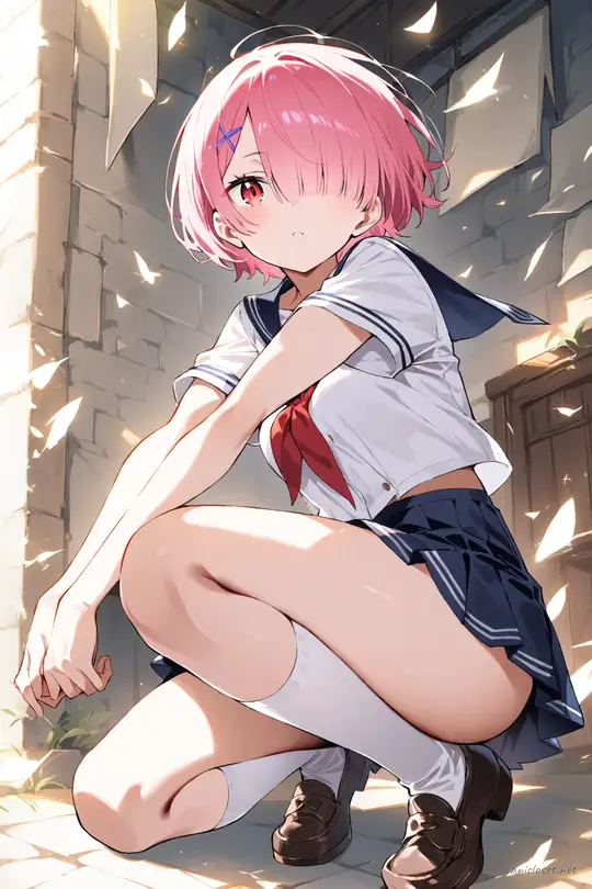 Illustration of Ram from Re:Zero in a navy sailor fuku with red neckerchief and pleated skirt, knee-up half-body shot with soft studio lighting