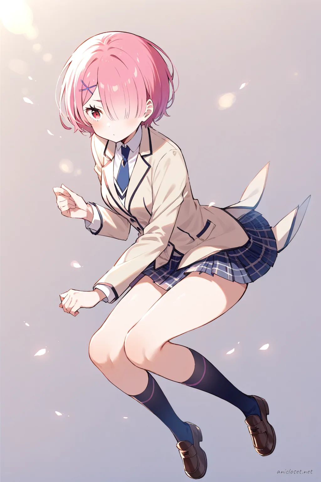 Full-body three-quarter view of Ram wearing beige blazer, white dress shirt, navy blue necktie, pleated plaid skirt, knee-high socks, and brown loafers with simple hair clip on clean background