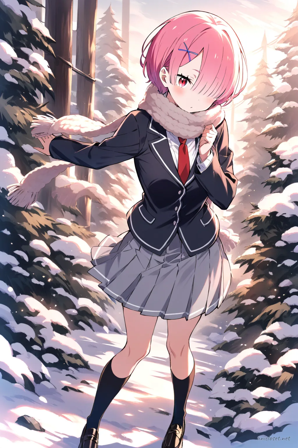 Full-body illustration of Ram in a black blazer winter school uniform with scarf and knee socks, standing against a clean studio backdrop