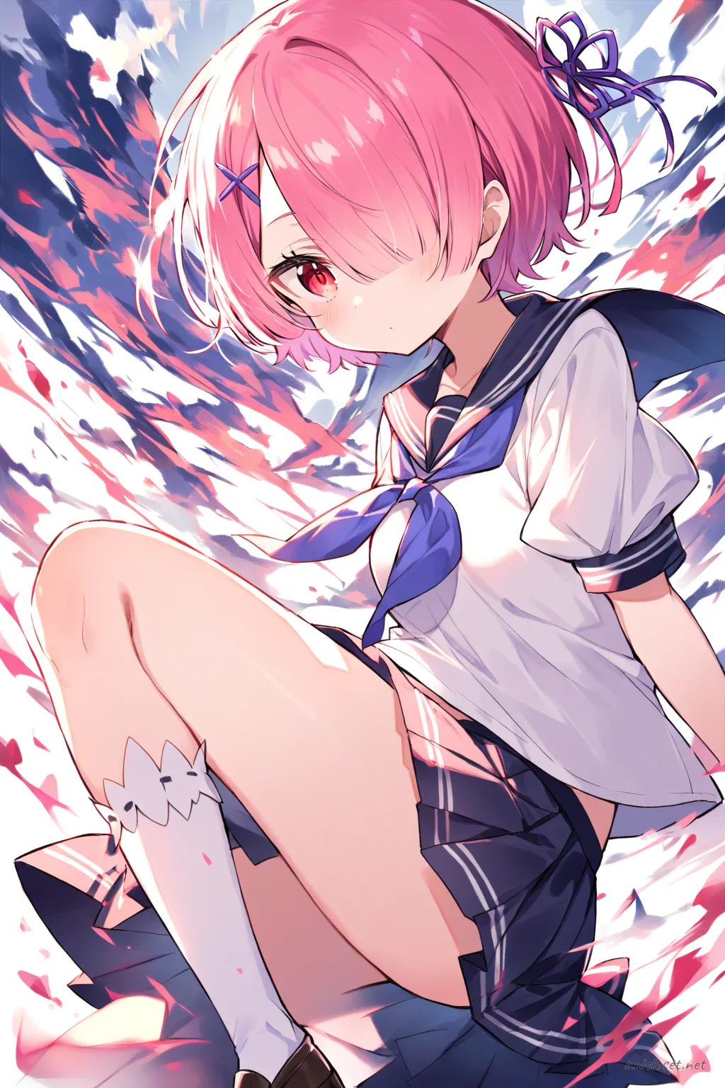 Illustration of Ram from Re:Zero wearing a summer sailor uniform with short sleeves and a neck ribbon, shown knee-up with soft studio lighting