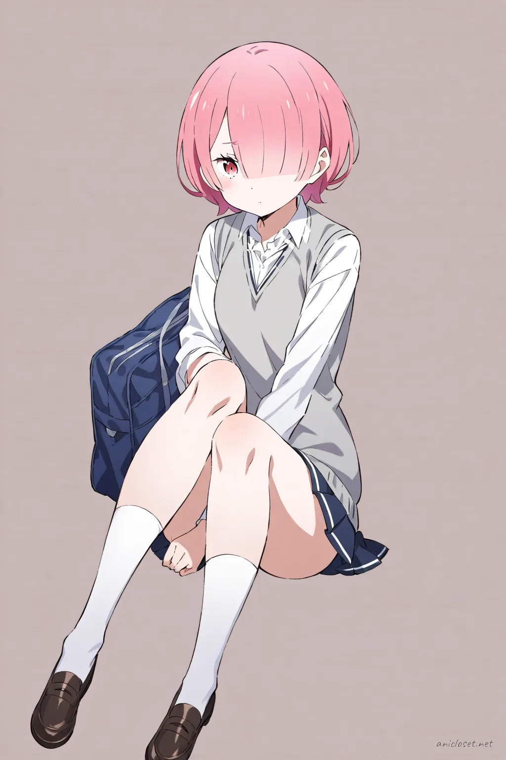 Full-body three-quarter view of Ram from Re:Zero wearing a navy blue sweater vest over a white long-sleeve button-up shirt, pleated navy blue school skirt, white knee-high socks, brown loafers, and silver stud earrings on a clean studio background