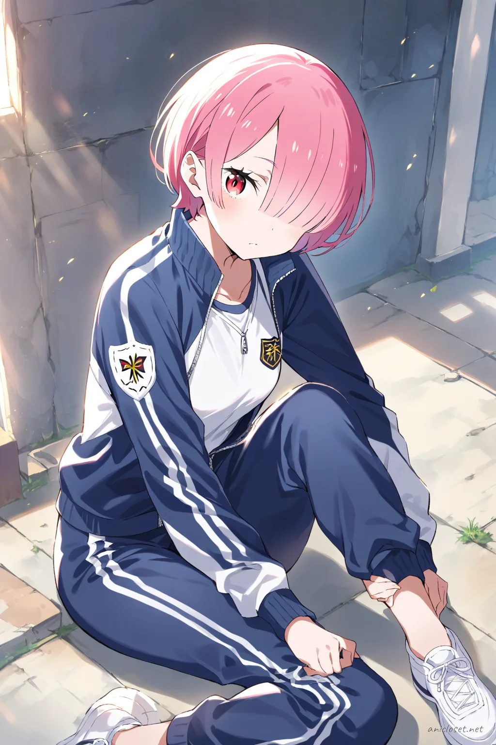 Full-body three-quarter view of Ram in a gym tracksuit jacket and pants with a sporty hairband and white sneakers on a clean background