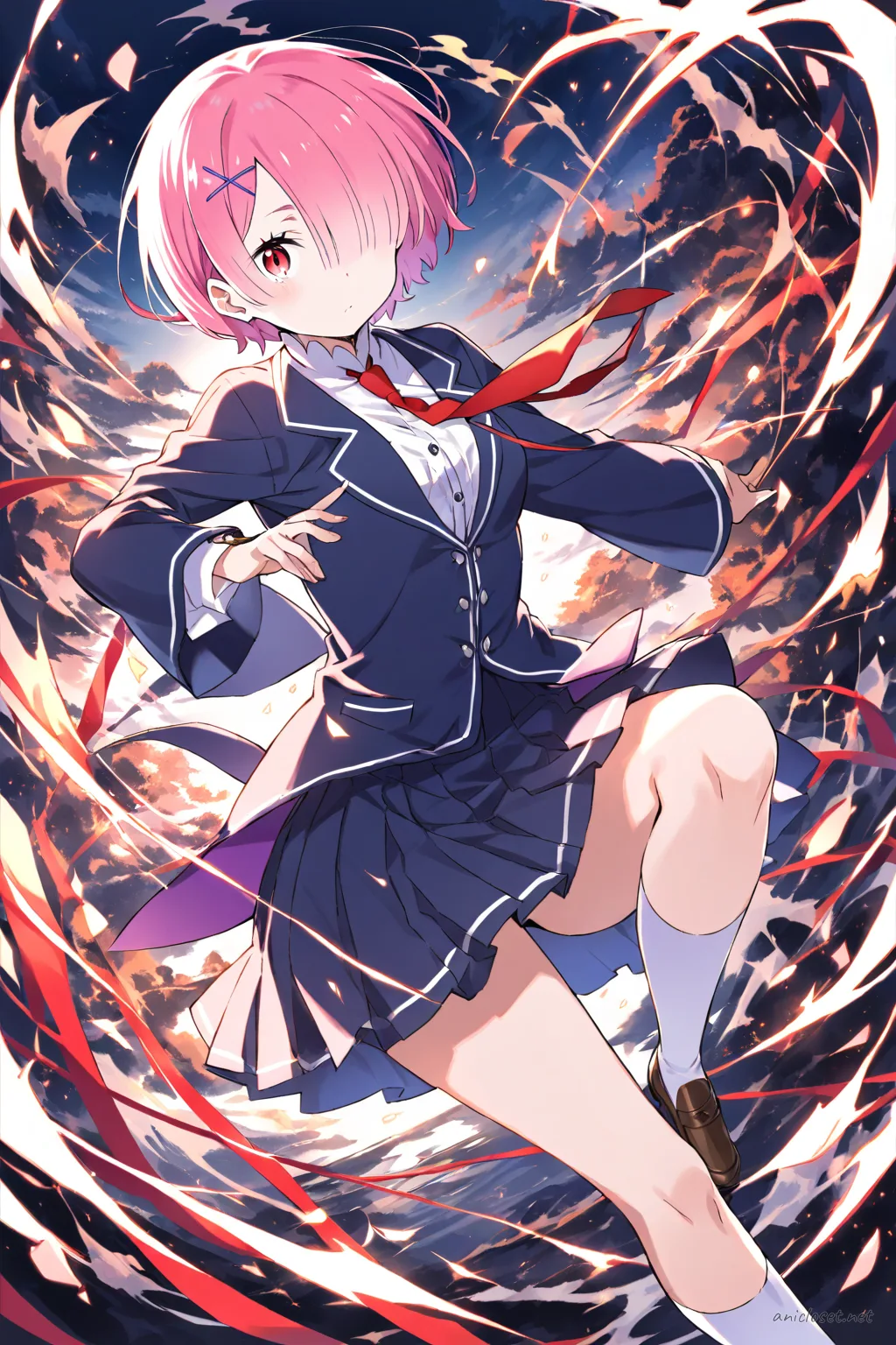 Full-body illustration of Ram from Re:Zero wearing a long pleated skirt, white button-up blouse, navy blue blazer, red ribbon necktie, knee-high white socks, and brown loafers, standing against a clean studio background