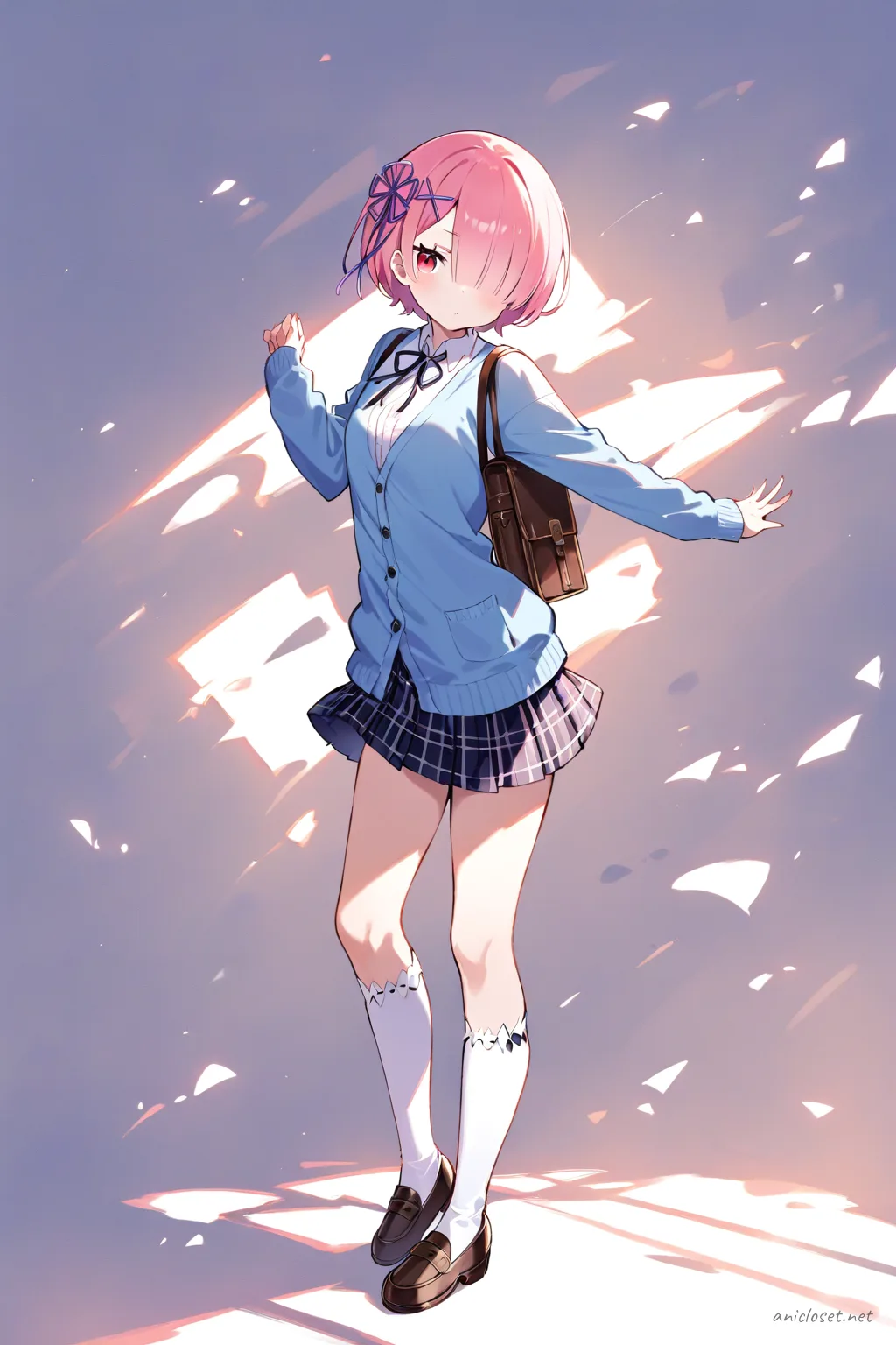 Full-body illustration of Ram from Re:Zero wearing a navy blue cardigan, white blouse, pleated skirt, knee-high socks, black loafers, and carrying a brown leather book bag, standing against a clean studio background