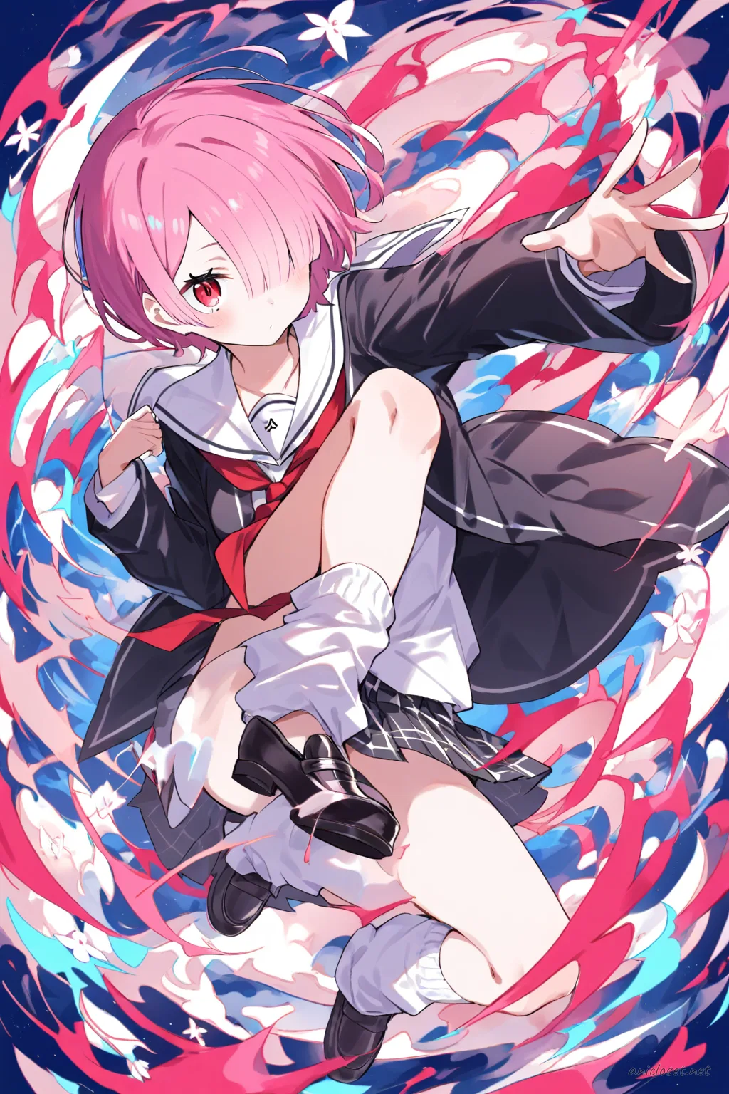 Full-body three-quarter view illustration of Ram from Re:Zero wearing a school uniform with a checkered skirt, sailor collar, loose white socks, and black loafers against a simple background