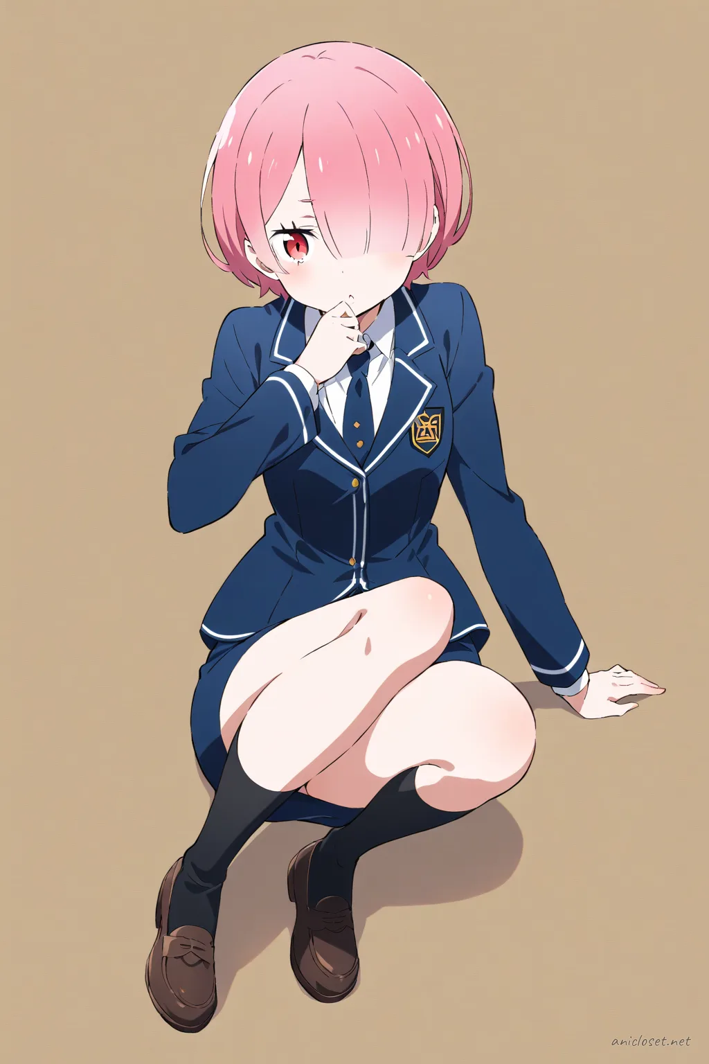 Illustration of Ram from Re:Zero wearing a private academy blazer with emblem, white dress shirt, navy pencil skirt, black knee-high socks, and black loafers in a knee-up half-body pose under soft studio lighting