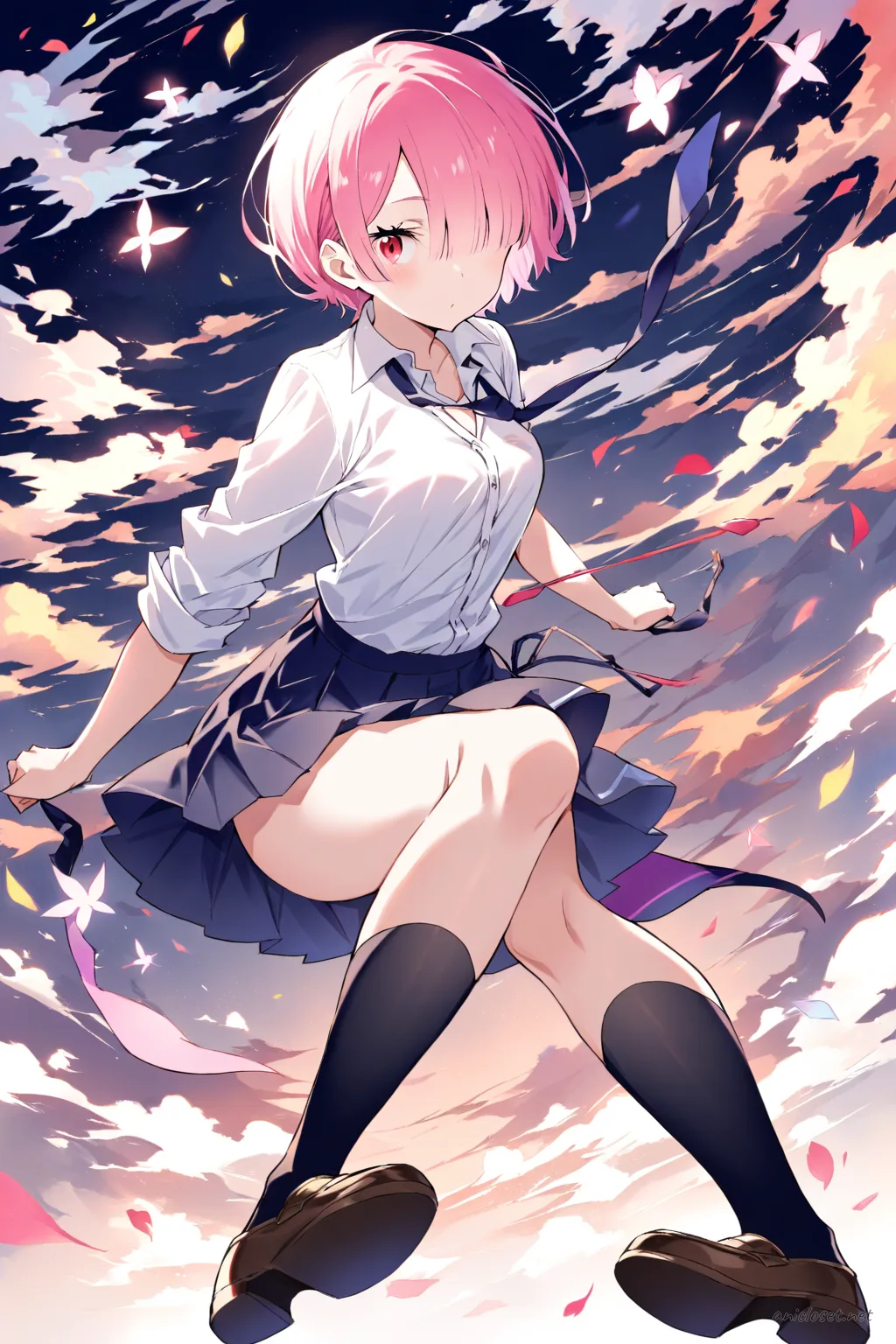 Full-body three-quarter view of Ram from Re:Zero wearing a white button-up shirt with undone necktie and rolled-up sleeves, navy blue pleated skirt, black knee-high socks, and brown loafers against a clean studio background