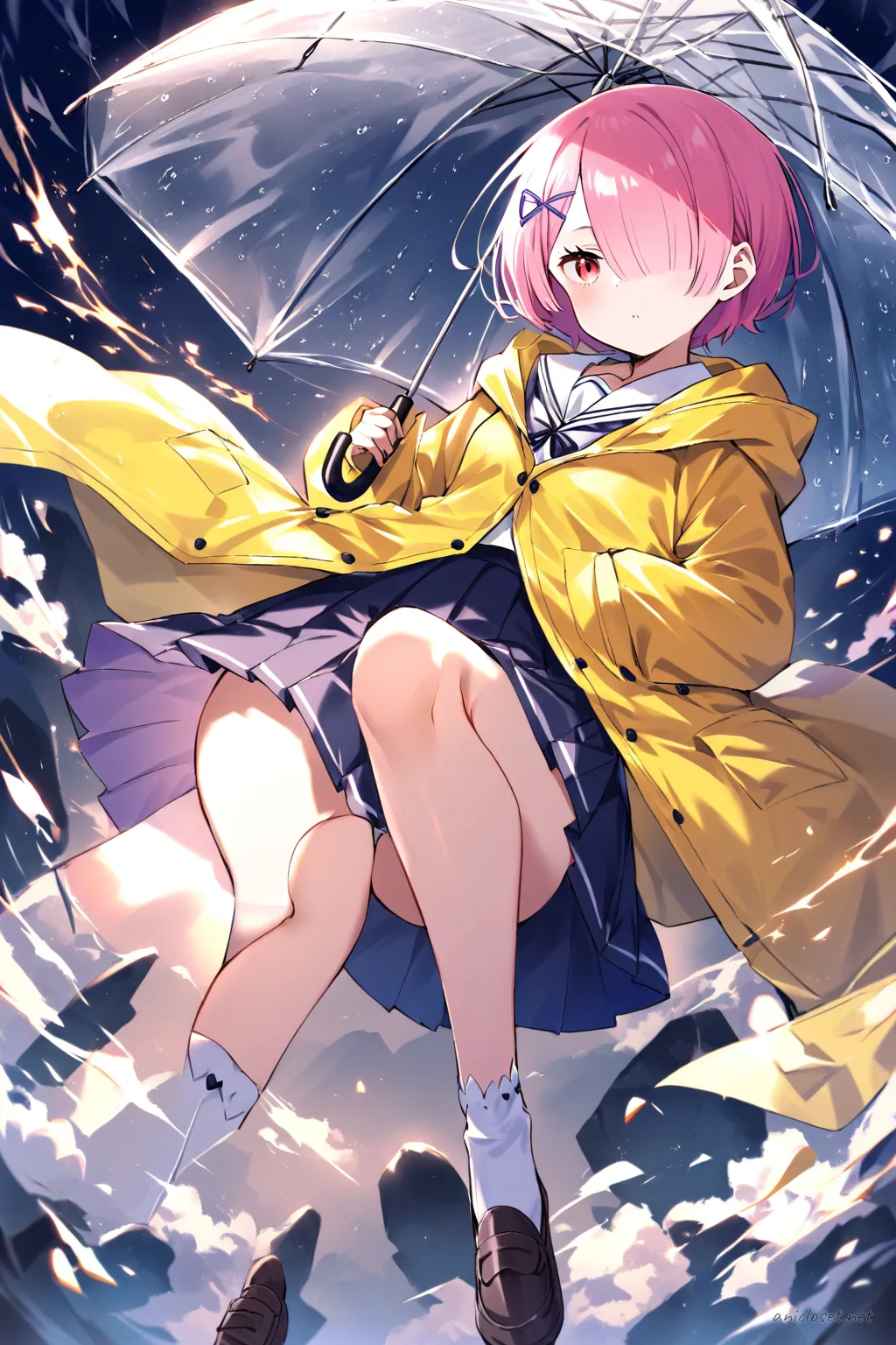 Full-body illustration of Ram from Re:Zero wearing a yellow raincoat over a navy blazer and pleated skirt, holding a transparent umbrella, standing in a clean studio
