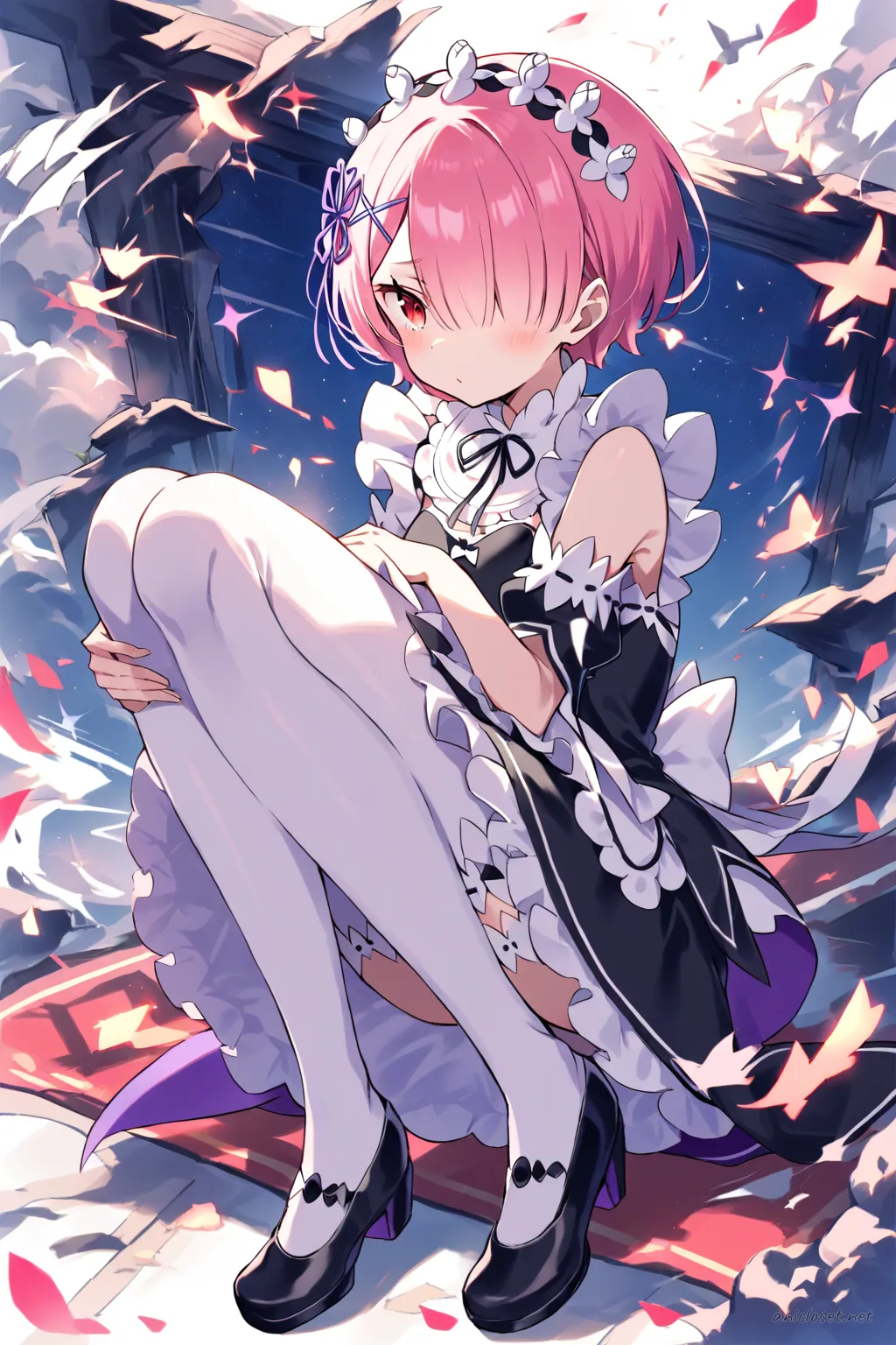 Full-body illustration of Ram from Re:Zero in her classic maid outfit, standing pose with visible mary jane shoes against a clean studio backdrop