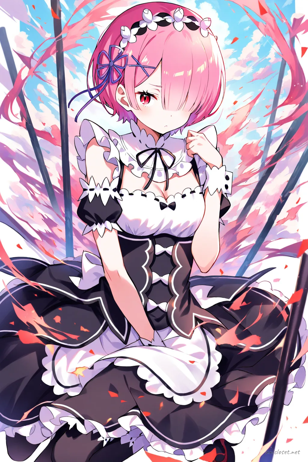 Full-body three-quarter view illustration of Ram from Re:Zero wearing her signature black and dark red maid dress with white apron, lace trim, puffed sleeves, black thigh-high stockings, and black Mary Jane shoes against a clean studio background