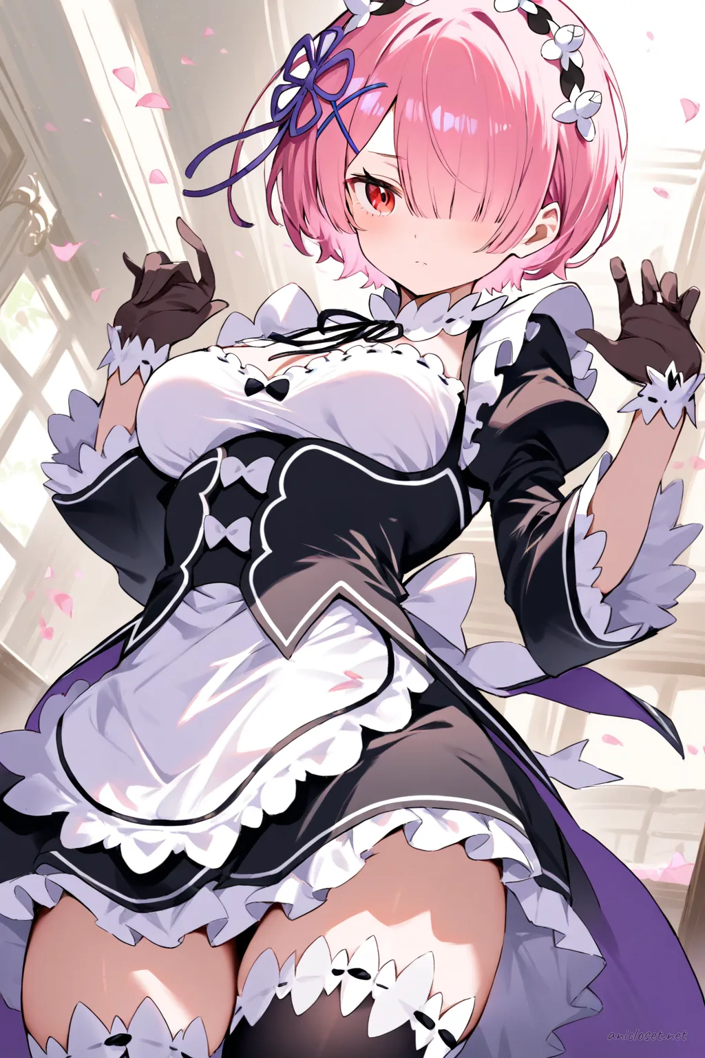 Full-body three-quarter view illustration of Ram from Re:Zero wearing her signature maid outfit with alternate black ballet flats, showcasing puffed sleeves, white apron, lace-trimmed gloves, and thigh-high stockings against a simple studio background