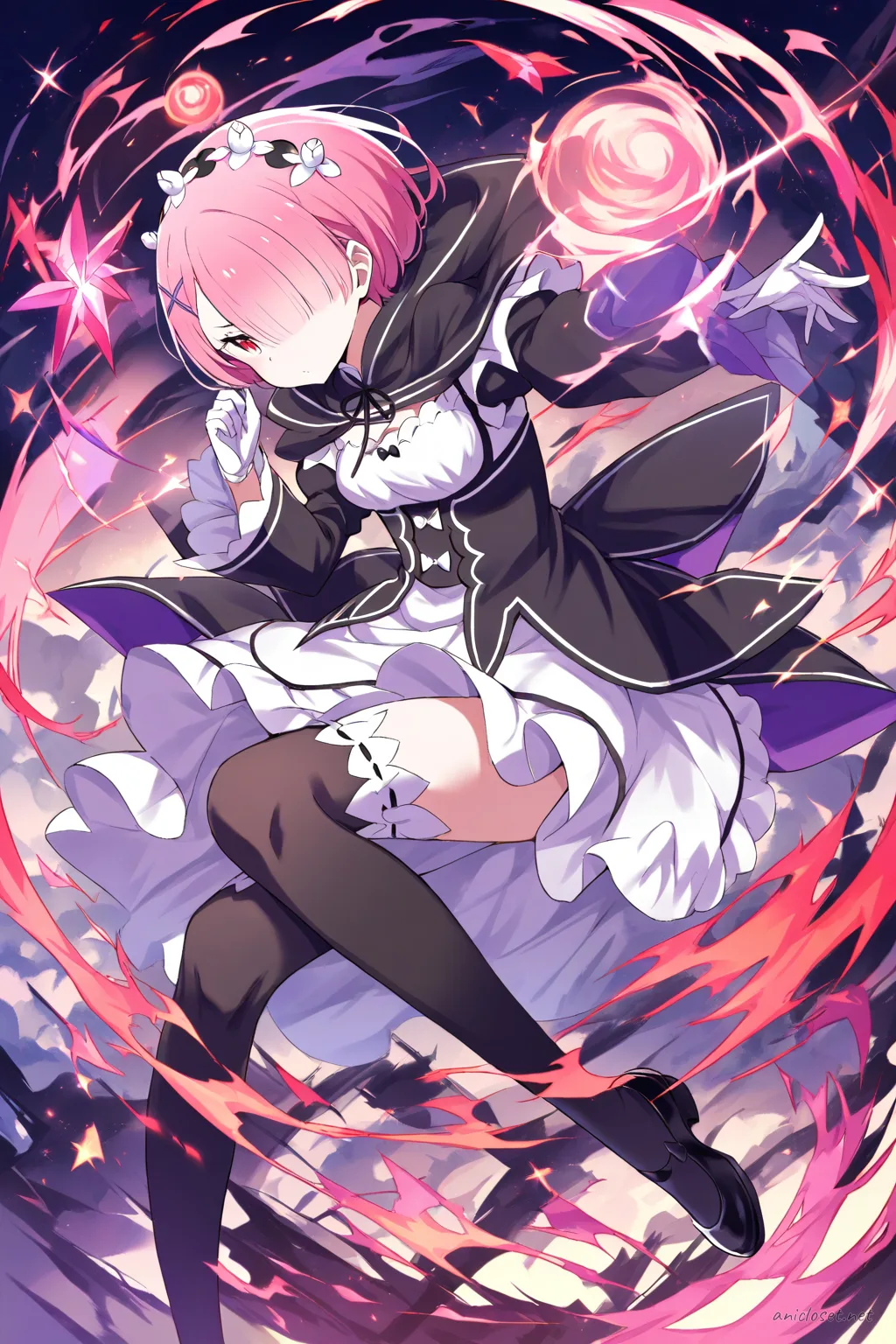 Full-body three-quarter view of Ram from Re:Zero wearing her signature black and white maid dress with white apron, black cloak with hood fastened at neck, black thighhigh stockings, and black Mary Jane shoes against a simple studio background