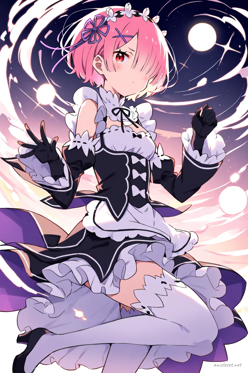 Full-body illustration of Ram in her Signature maid dress with white apron, black gloves, frilled cuffs, thighhigh socks, black heels, and frilled headband, standing against a clean studio backdrop