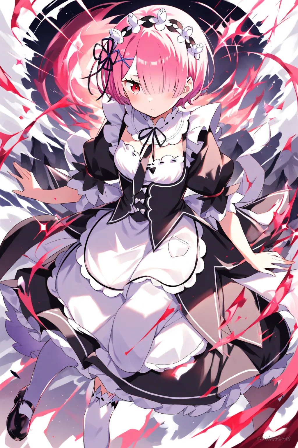 Full-body illustration of Ram from Re:Zero standing in a clean studio backdrop wearing a maid dress with an alternate maid headdress, white apron, black ribbon necktie, frilled short sleeves, thigh-high white stockings, black mary jane shoes, and frilled wrist cuffs