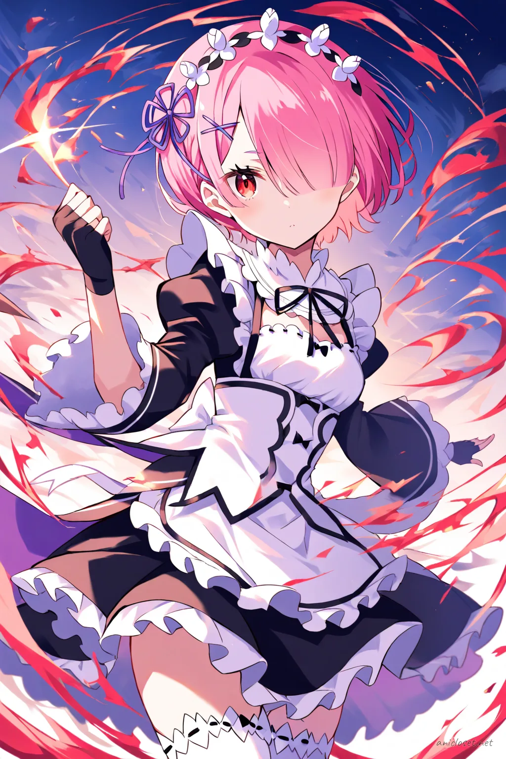 Full-body illustration of Ram in a black and white maid dress with frilled apron, lace choker, fingerless gloves, thighhigh socks, black heels, battle-ready armor plate on left shoulder, small dagger sheath on waist, and ribbon headband, standing against a clean studio background.